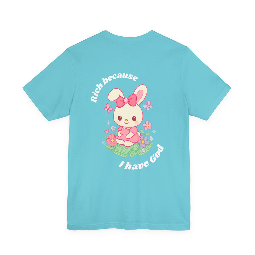 “Rich Because I Have God” Oversized (Back) Bunny Graphic Tee – Luxury Baggy T-Shirt (Black, Heather Mint, Turquoise, Pink)