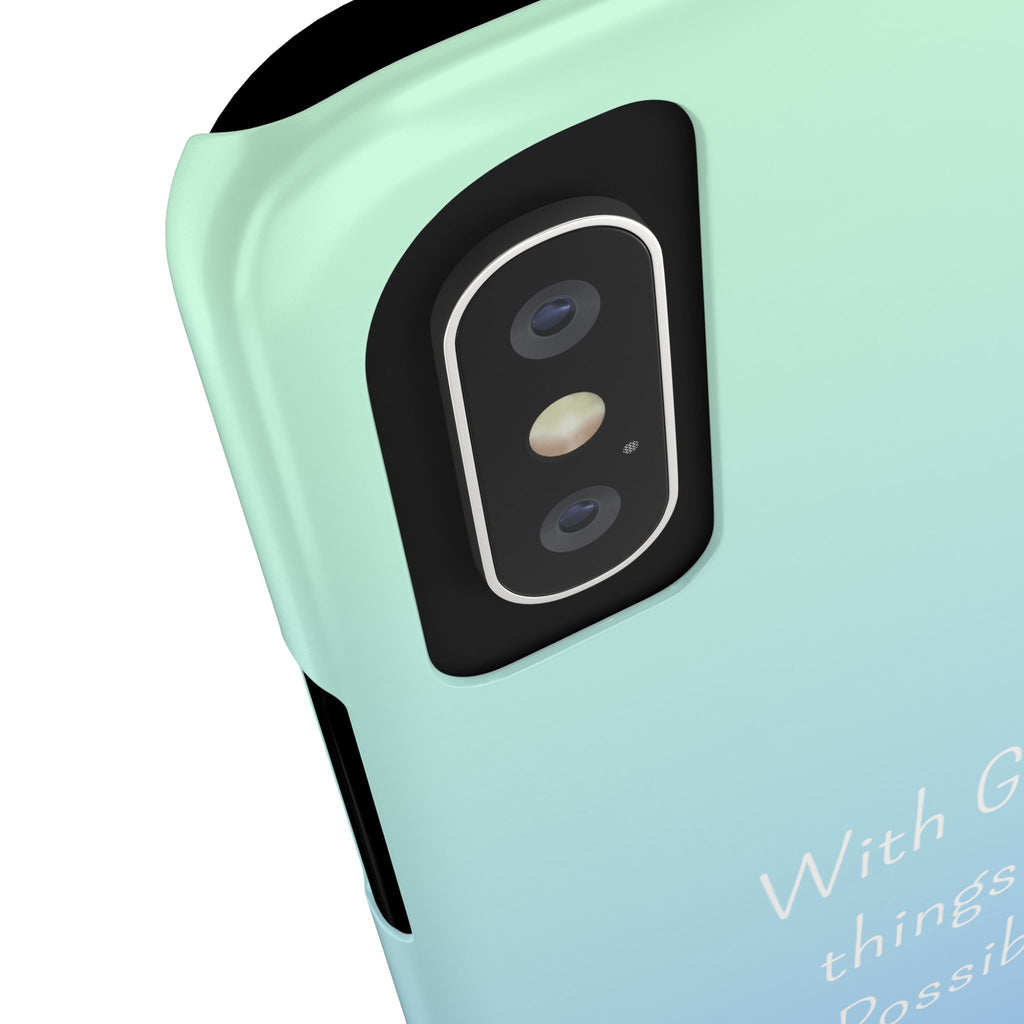 “With God All Things Are Possible” Phone Case - Ocean Barbie Aesthetic Slim Case Cover in Teal Blue Ombré with Hot Pink & White Hibiscus Flowers