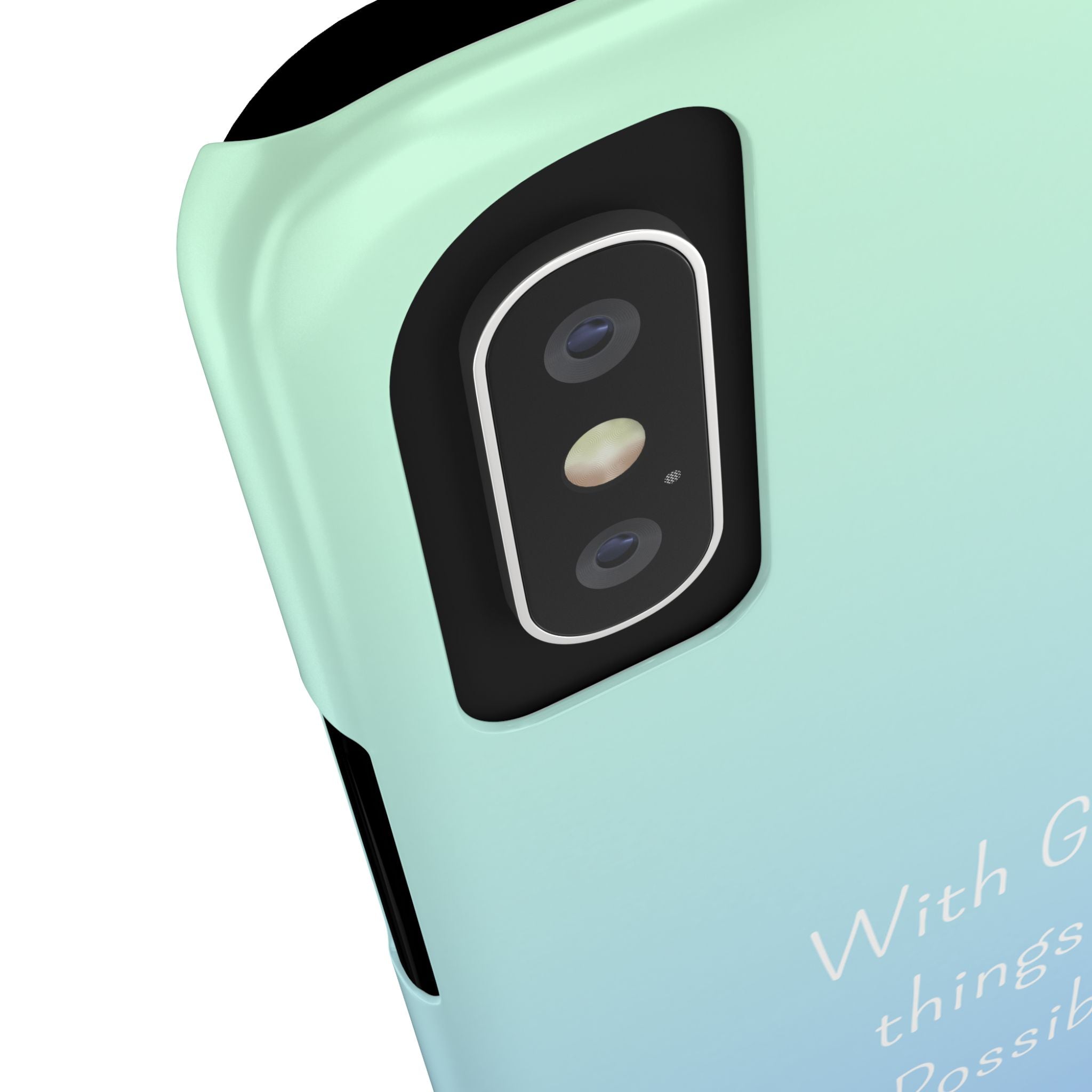 “With God All Things Are Possible” Phone Case - Ocean Barbie Aesthetic Slim Case Cover in Teal Blue Ombré with Hot Pink & White Hibiscus Flowers