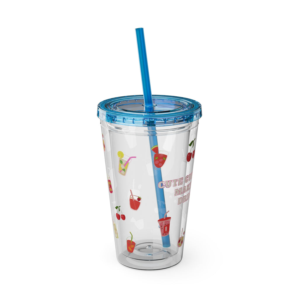 Clear “Cute Cups Make Me Drink More Water” Tumbler - 16oz Acrylic Cup with Lid & Straw | Aesthetic Lemonade, Cherry & Water Drink Patterns for Pretty Girls | Soft Girl Tumbler