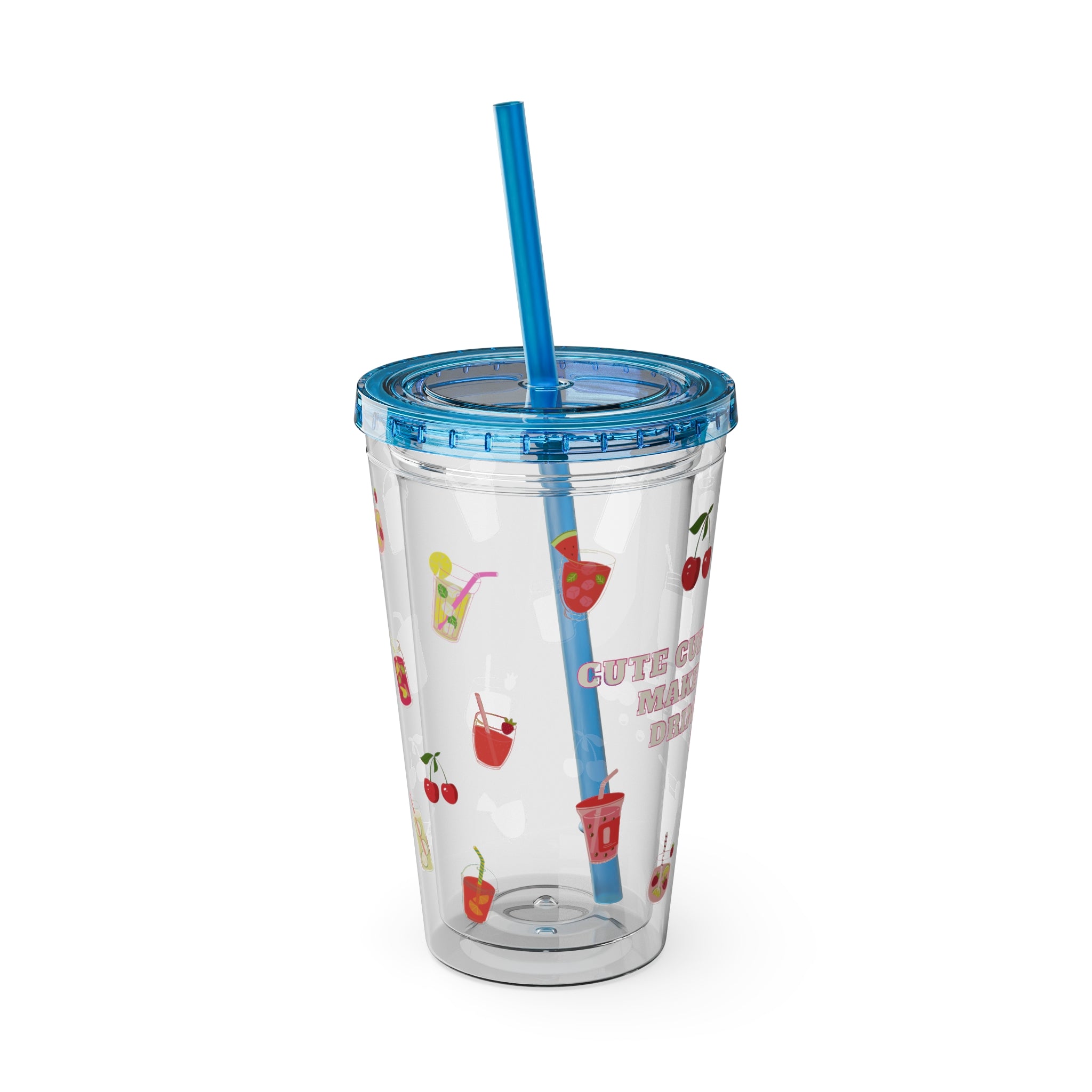 Clear “Cute Cups Make Me Drink More Water” Tumbler - 16oz Acrylic Cup with Lid & Straw | Aesthetic Lemonade, Cherry & Water Drink Patterns for Pretty Girls | Soft Girl Tumbler