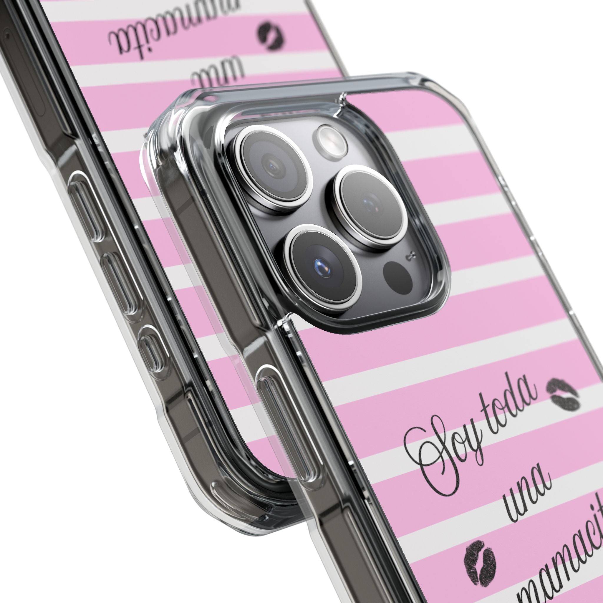 “Soy Toda Una Mamacita” MagSafe Clear Phone Case - Pink & White Striped | Latina Baddie Magnetic Impact Cover
