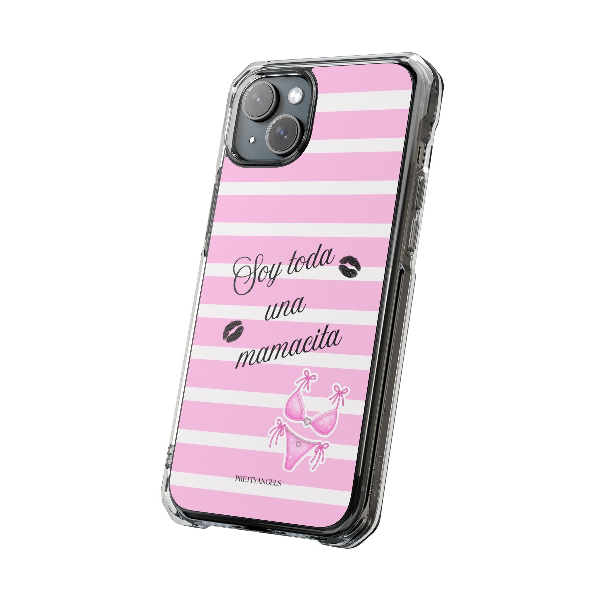 “Soy Toda Una Mamacita” MagSafe Clear Phone Case - Pink & White Striped | Latina Baddie Magnetic Impact Cover