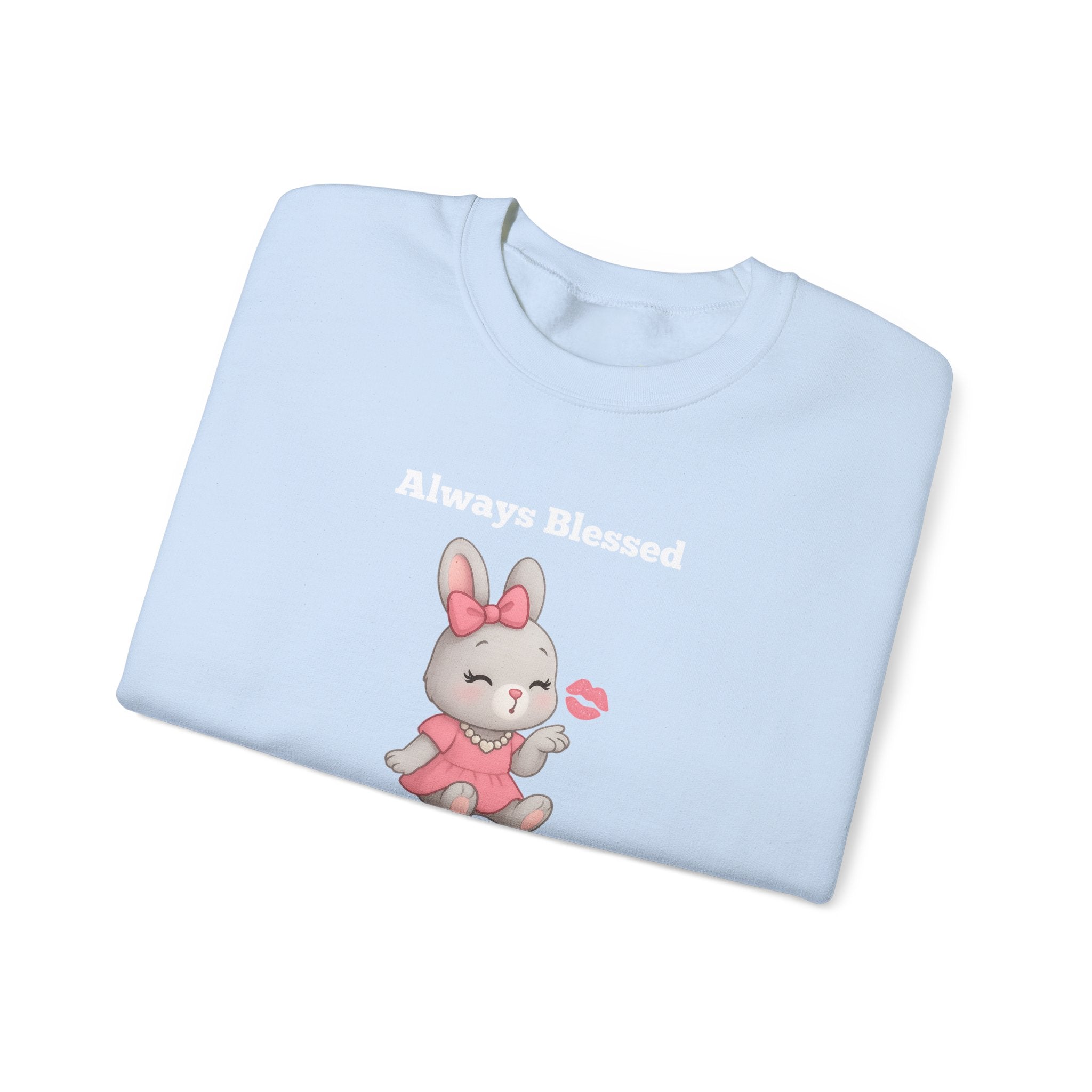 Always Blessed & Thankful™ Bunny Kiss Sweatshirt – Luxe Unisex Cozy Graphic Sweater for Pretty Girls (Black, Maroon, Light Blue, Heliconia, Red)