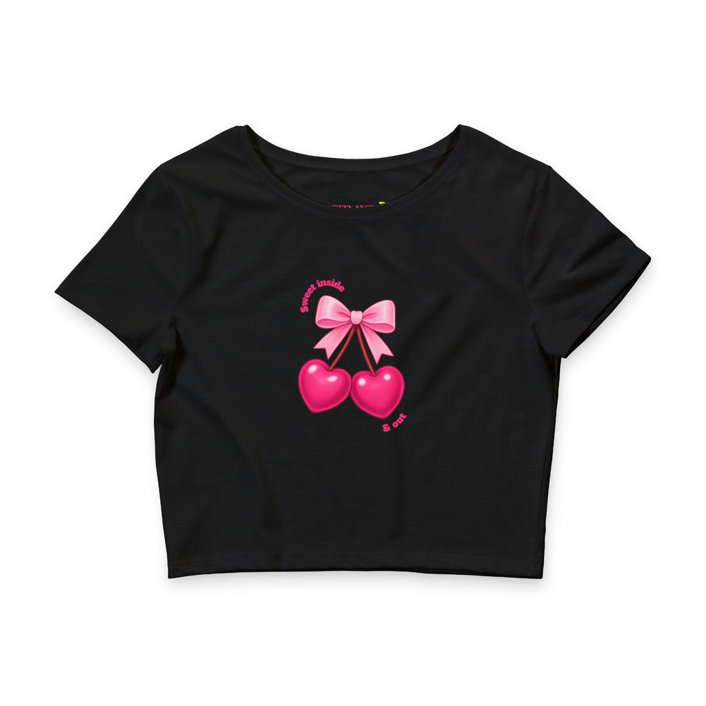 Sweet Inside & Out Crop Tee — Coquette Heart Cherry Graphic