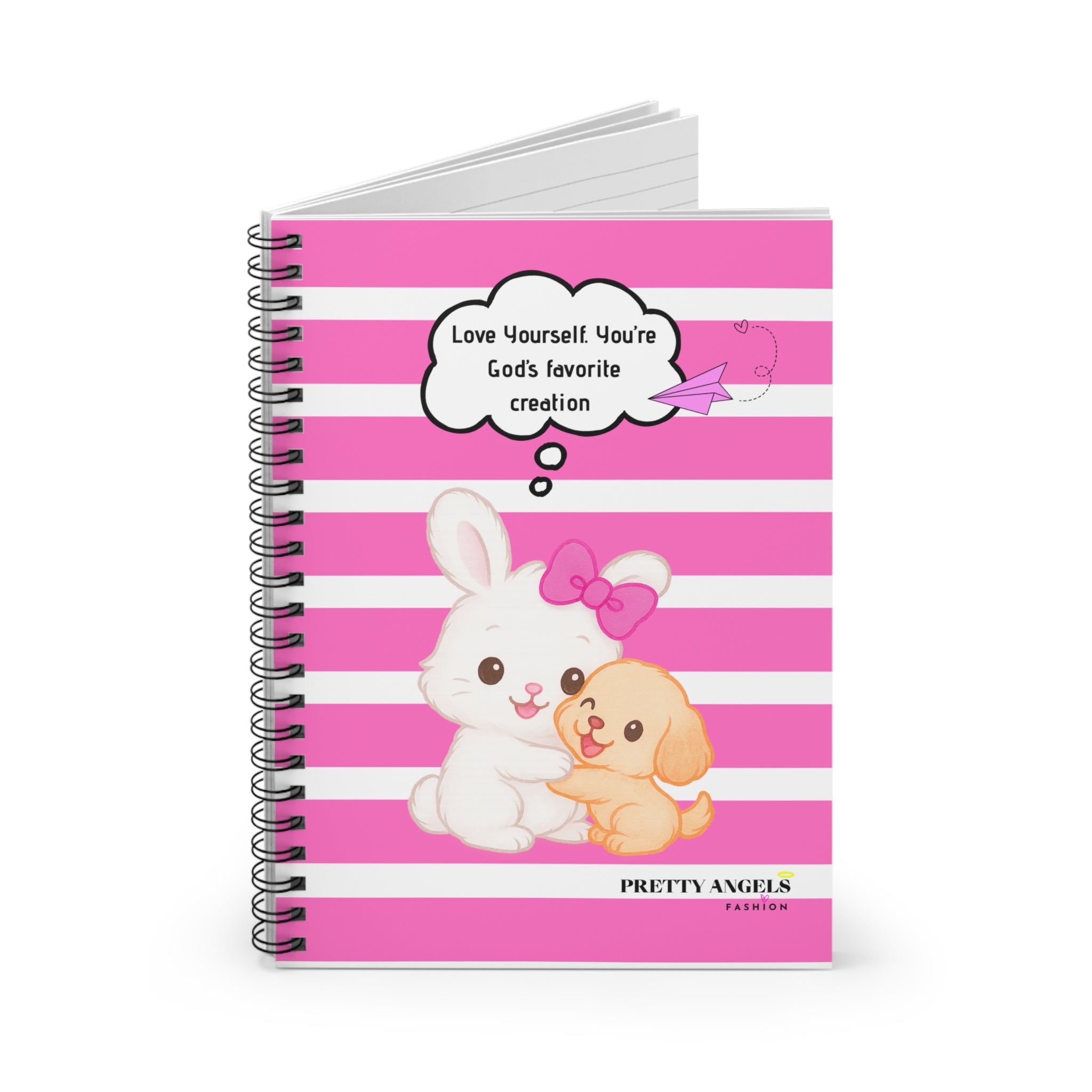 Luxury Pink & White Striped Bunny + Puppy Notebook - “Love Yourself, You’re God’s Favorite Creation” | Cute Rich Girly Journal