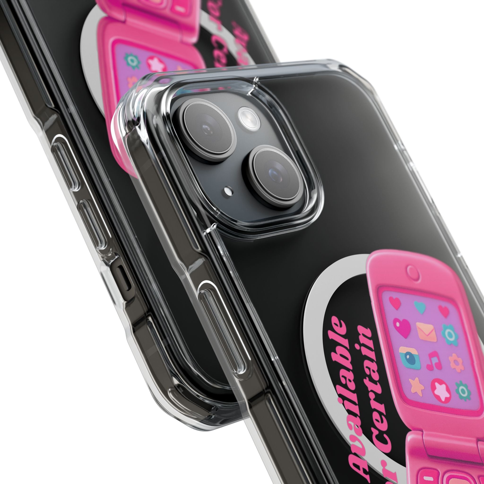 Pink Flip Phone MagSafe Clear Luxe iPhone Case – Barbie Baddie Vibes “Available for Certain Calls Only” Retro Girly Case