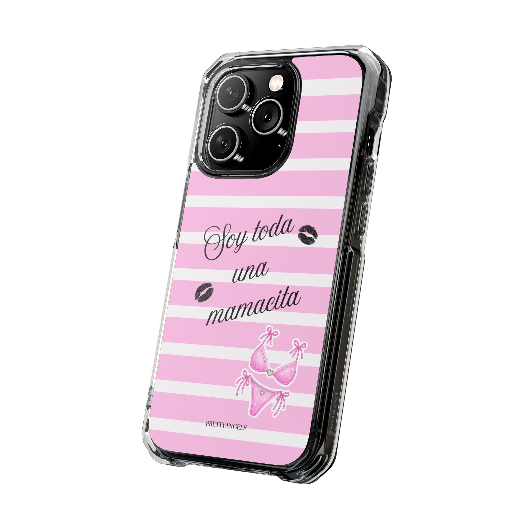 “Soy Toda Una Mamacita” MagSafe Clear Phone Case - Pink & White Striped | Latina Baddie Magnetic Impact Cover