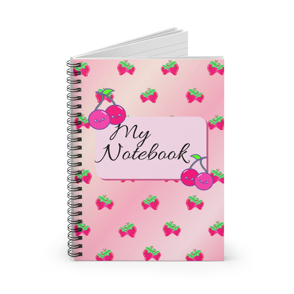 “Pink Strawberry Ombré Spiral Notebook – Cute Girly Journal with Cherry & Strawberry Patterns | 118 Pages”