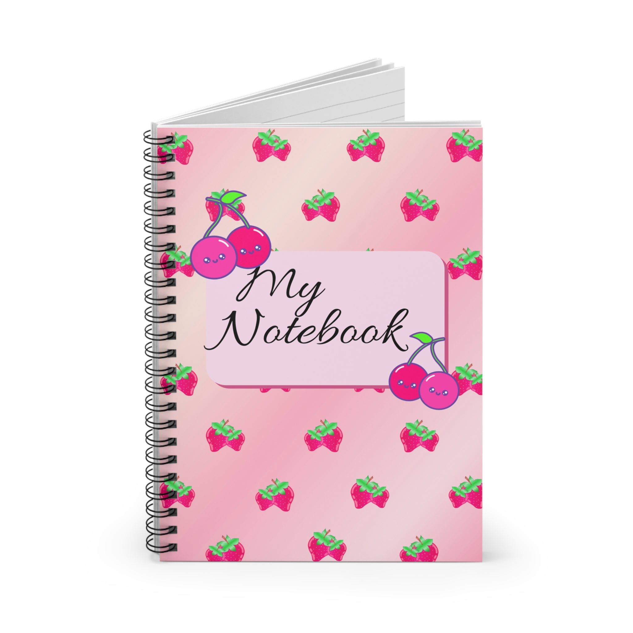 “Pink Strawberry Ombré Spiral Notebook – Cute Girly Journal with Cherry & Strawberry Patterns | 118 Pages”