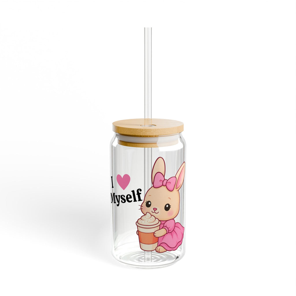 I (heart) Myself 16oz Clear Sipper Glass with Bamboo Lid & Tritan Straw – Cute Bunny with Pink Bow | Self-Love Aesthetic Girly Cup