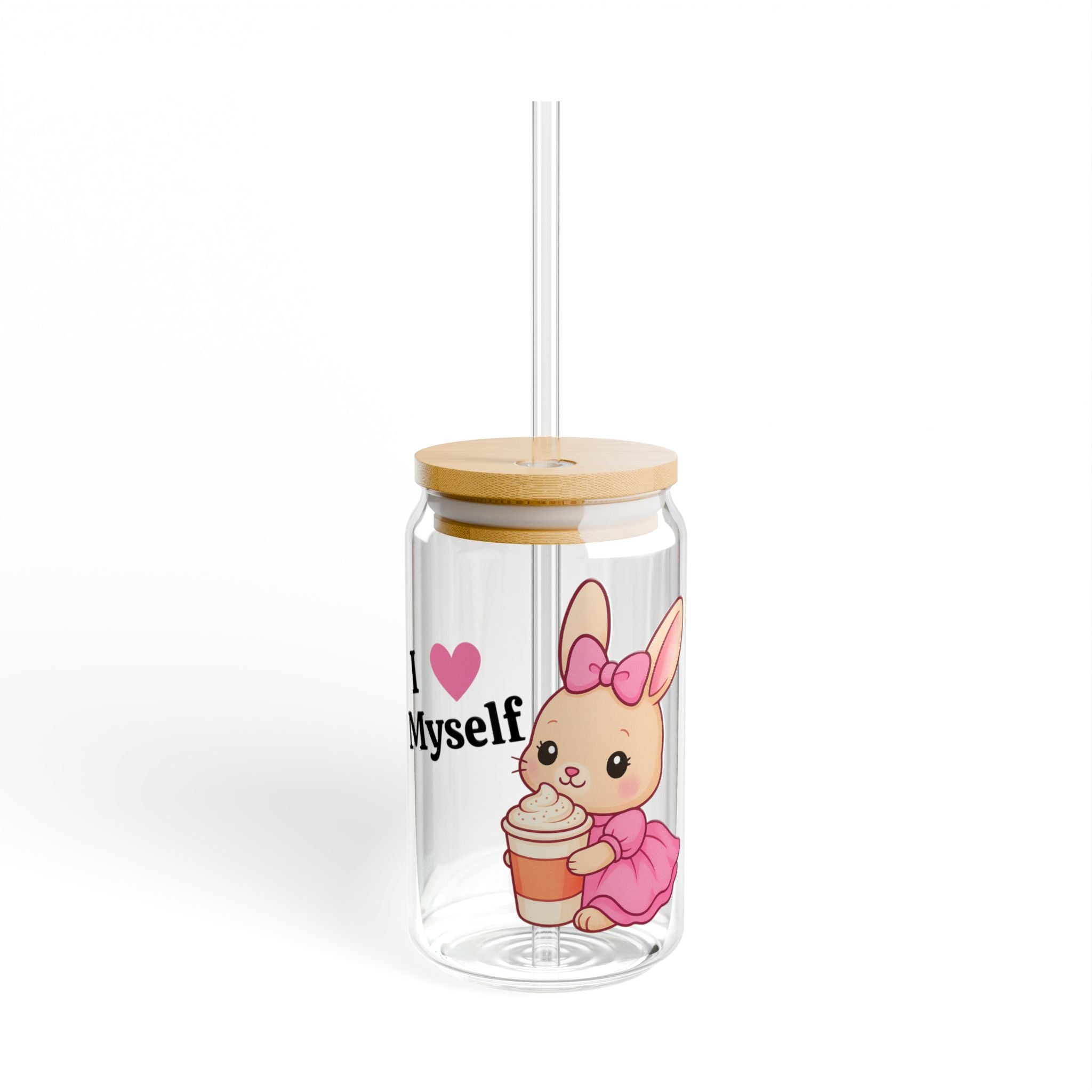 I (heart) Myself 16oz Clear Sipper Glass with Bamboo Lid & Tritan Straw – Cute Bunny with Pink Bow | Self-Love Aesthetic Girly Cup