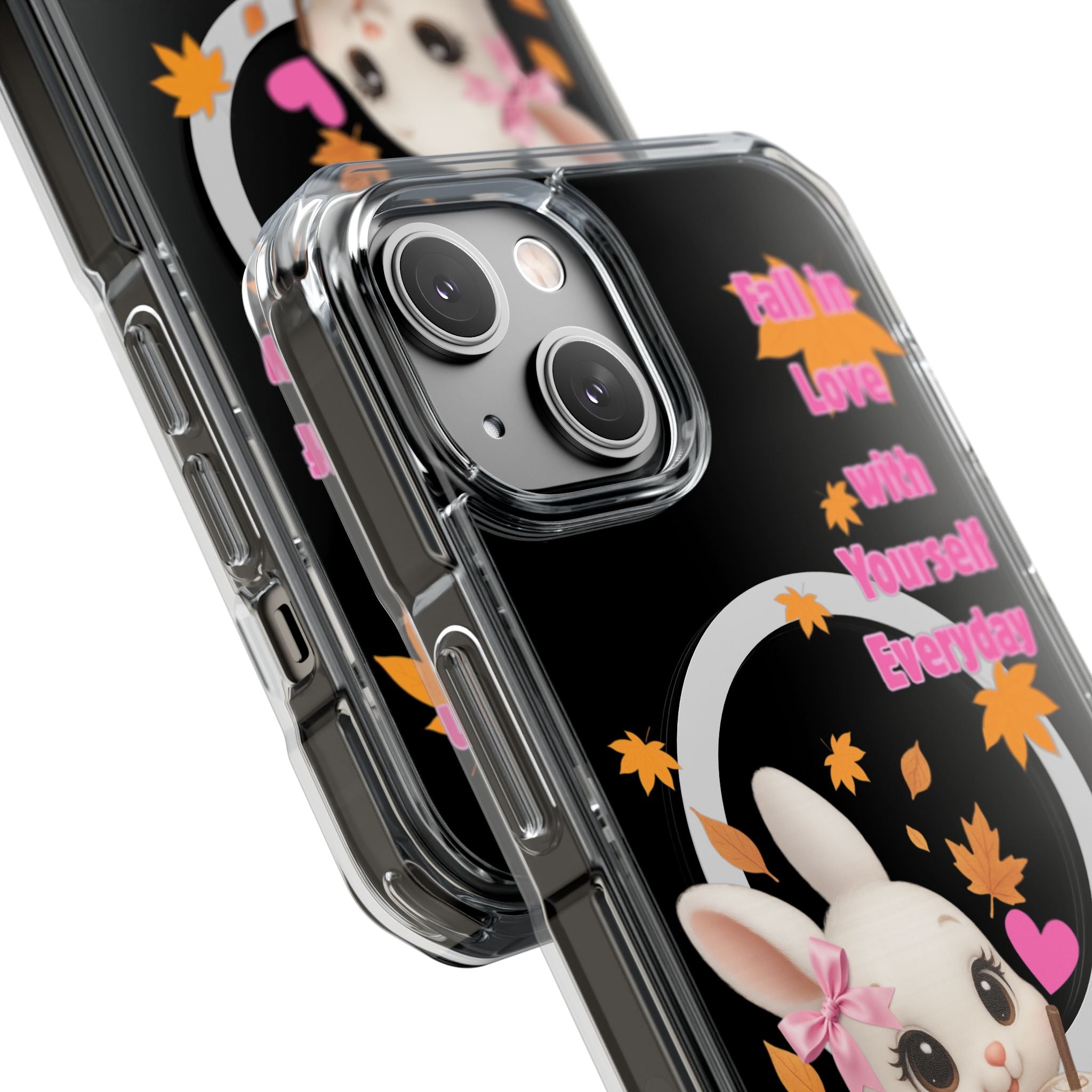 Fall in Love with Yourself Everyday – Cute White Bunny MagSafe iPhone Case with Hearts & Autumn Leaves, Luxury Aesthetic Clear Phone Cover