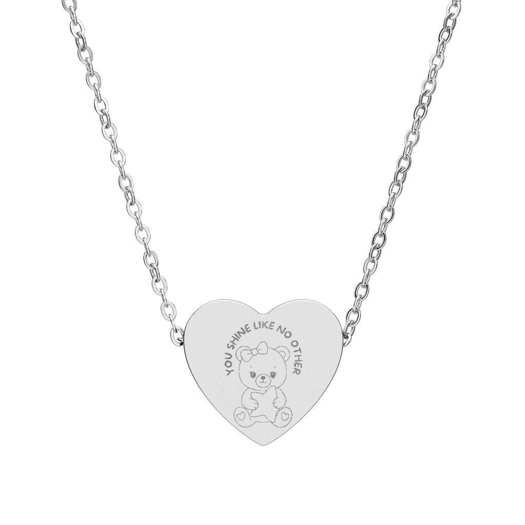 “You Shine Like No Other™ Engraved Heart Necklace – Cute Teddy Bear Hugging Star Pendant, Laser-Etched 316L Stainless Steel Girly Jewelry”