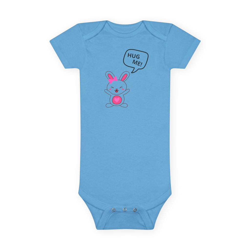 “HUG ME!”™ Whiny Bunny Baby Girl Onesie – Cute Gerber® Cotton Bodysuit with Pink Bow for Glam Baby Gifts