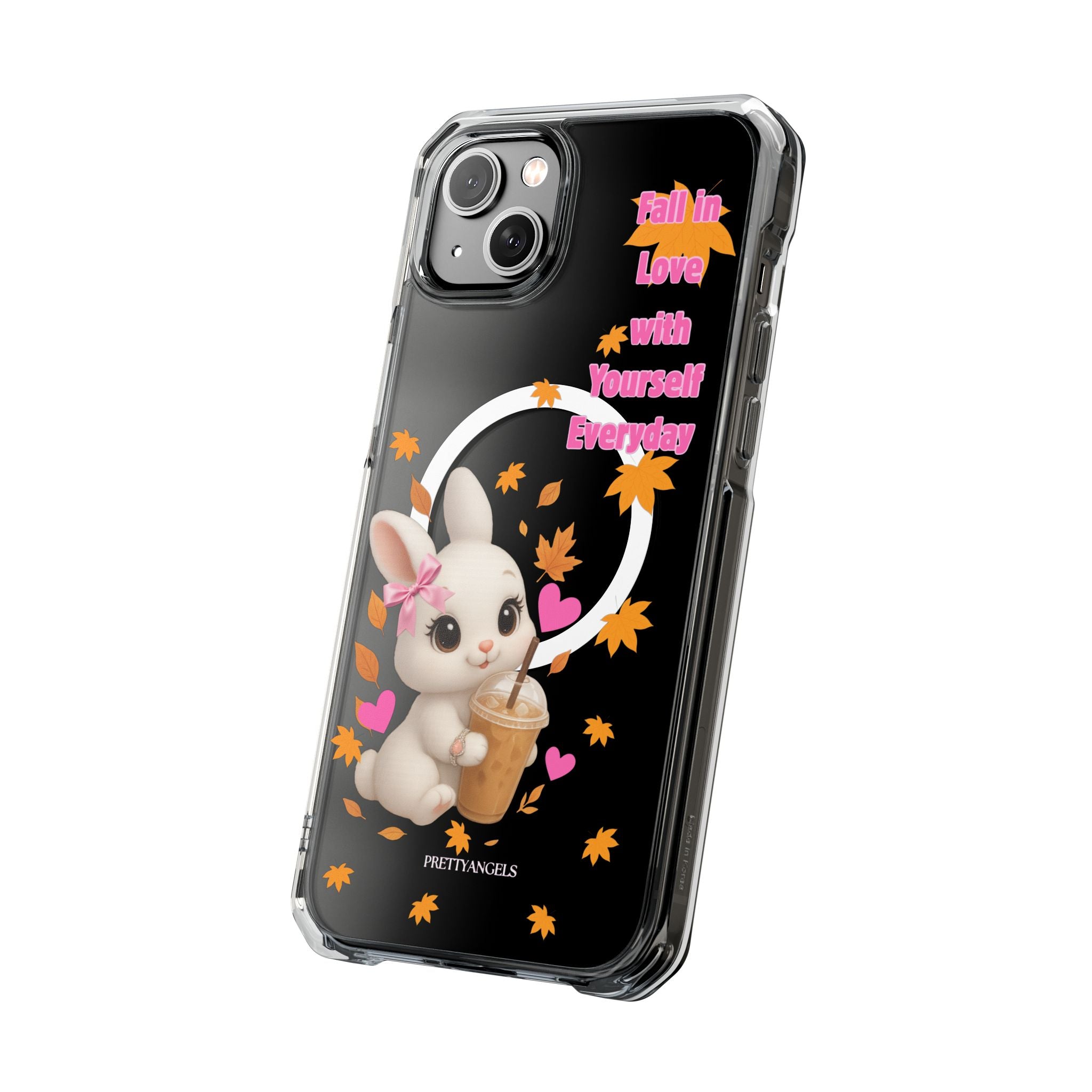 Fall in Love with Yourself Everyday – Cute White Bunny MagSafe iPhone Case with Hearts & Autumn Leaves, Luxury Aesthetic Clear Phone Cover