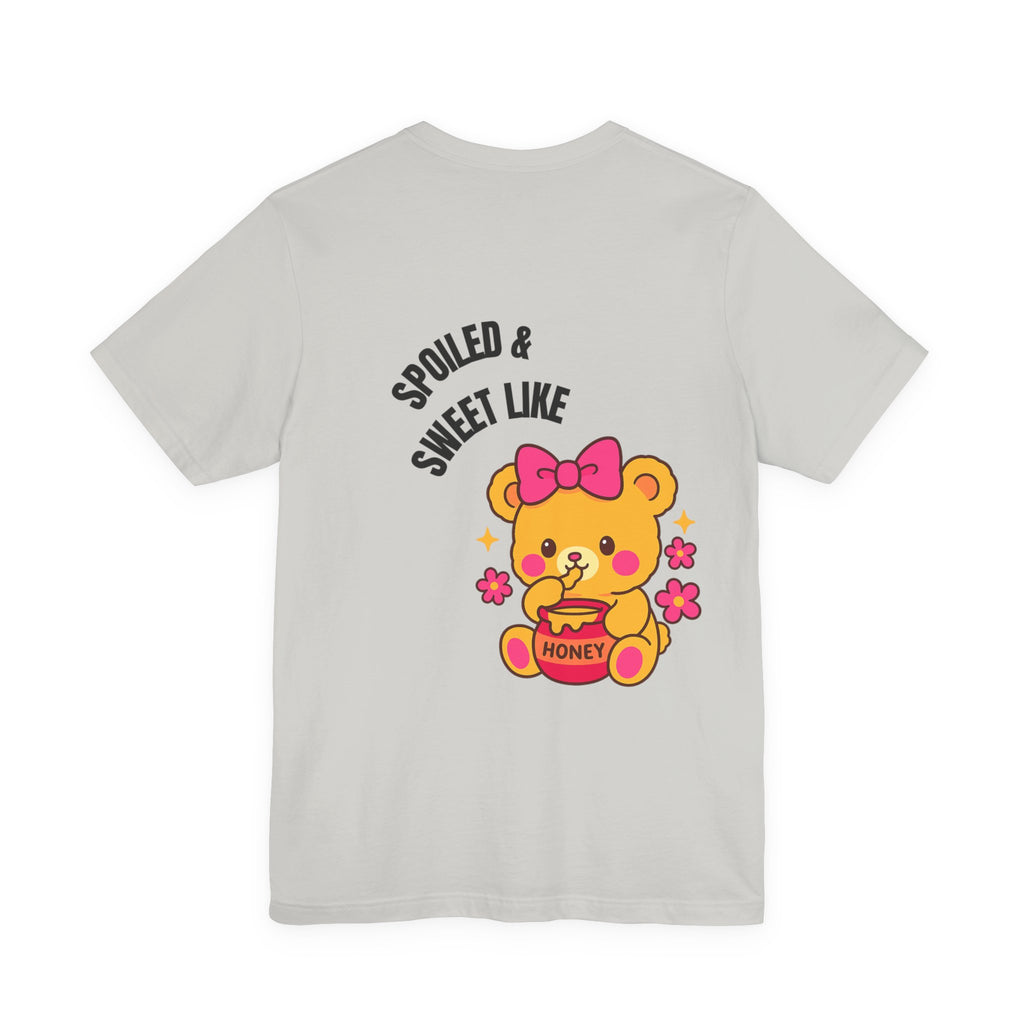 Spoiled & Sweet Tee (Back) - White & Grey Baddie Oversized Shirt with Teddy Bear & Honey Graphic | Cozy Off-Duty Doll T-Shirt for Pretty Girls Who Slay in Comfort