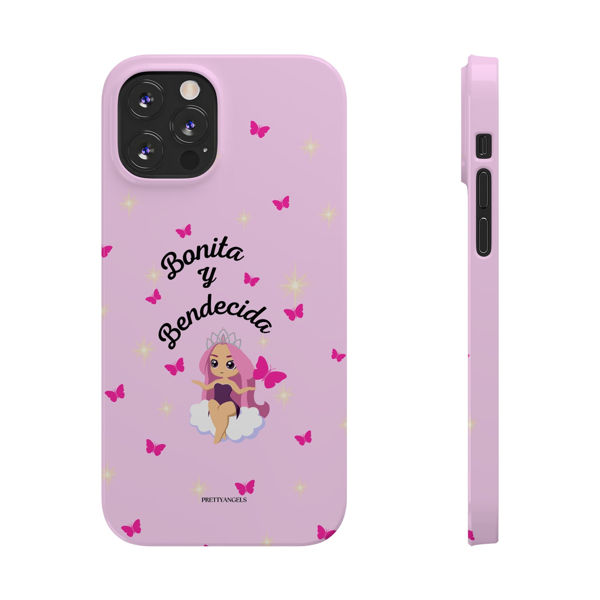 “Bonita y Bendecida Funda Rosa - Estuche Slim Protector con Muñeca Estilo Lisa Frank, Nubes y Mariposas Rosas”