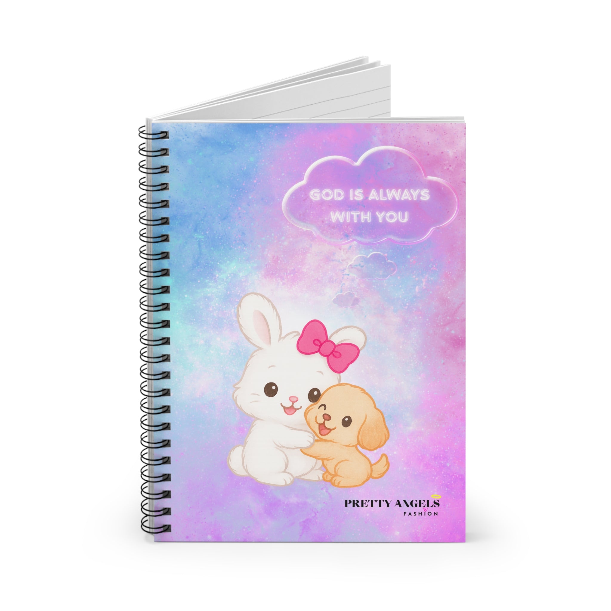 “Galaxy Bunny & Puppy Hug Spiral Notebook – Kawaii Pastel Journal with Stars & ‘God Is Always With You’ Cloud”