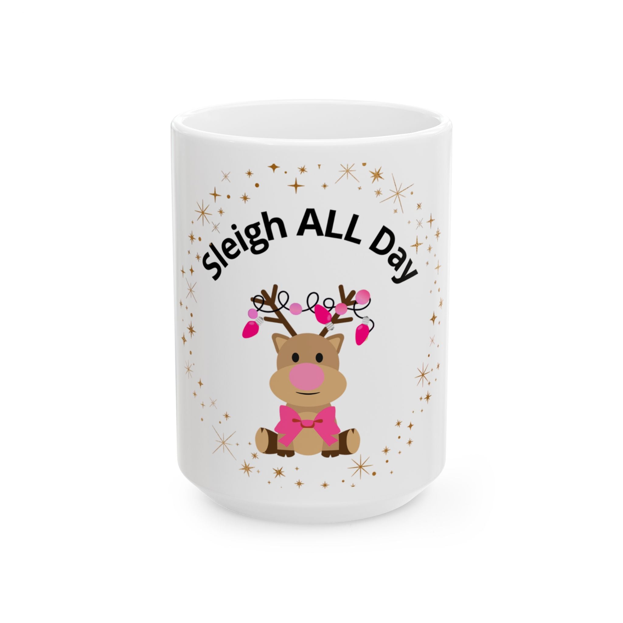 “Sleigh ALL Day” Pink Reindeer Mug - Cute Girly Christmas Mug with Bow, Lights & Pink Nose - Viral Winter Coffee Mug for Baddie Girls, Holiday Gift for Girls, Cute Coffee Cup, Girly Winter Decor, Girly Christmas Present, That Girl Kitchenware