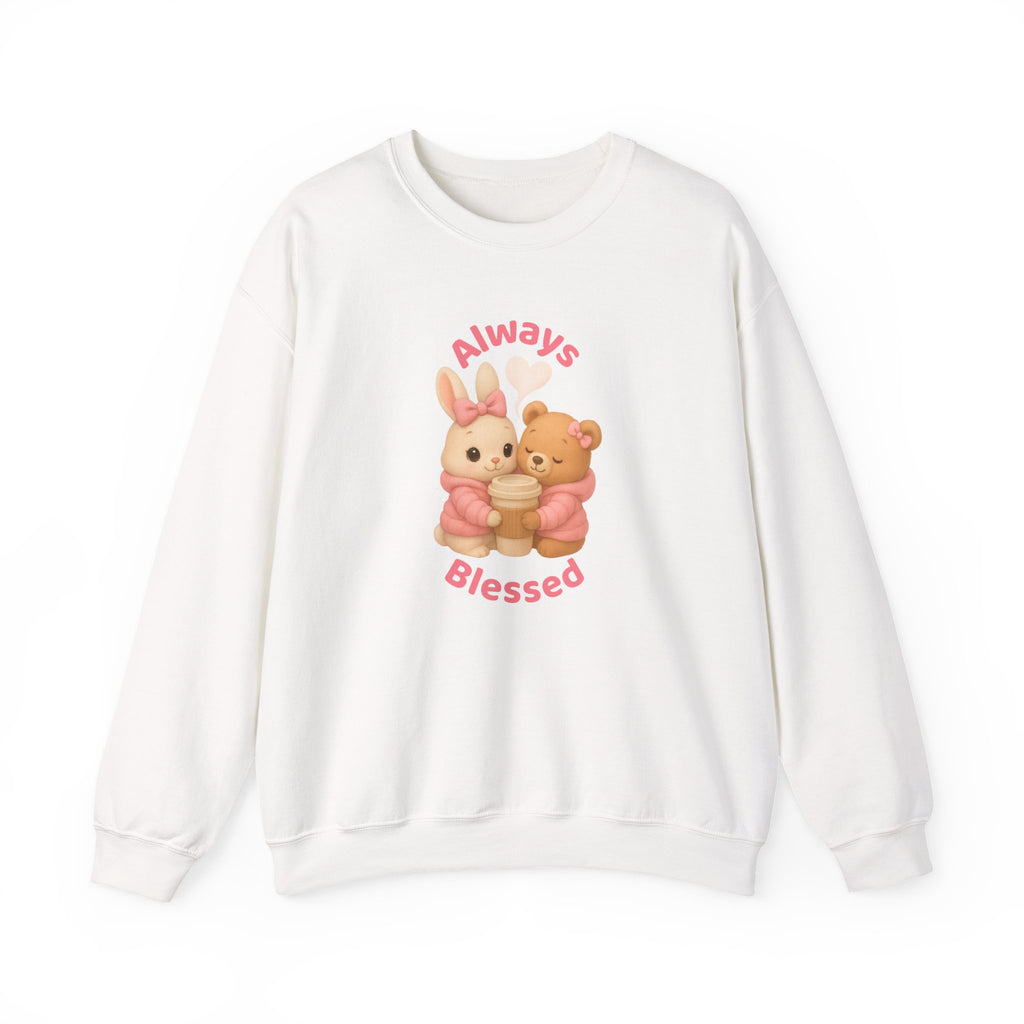 “Always Blessed” Cozy Sweatshirt – Cute Bunny & Teddy Bear in Pink Puffer Jackets Hugging a Coffee Cup | Aesthetic Girly Hoodie | Pretty Girl Cozy Gift | Winter Sweatshirt | Blessed Sweater