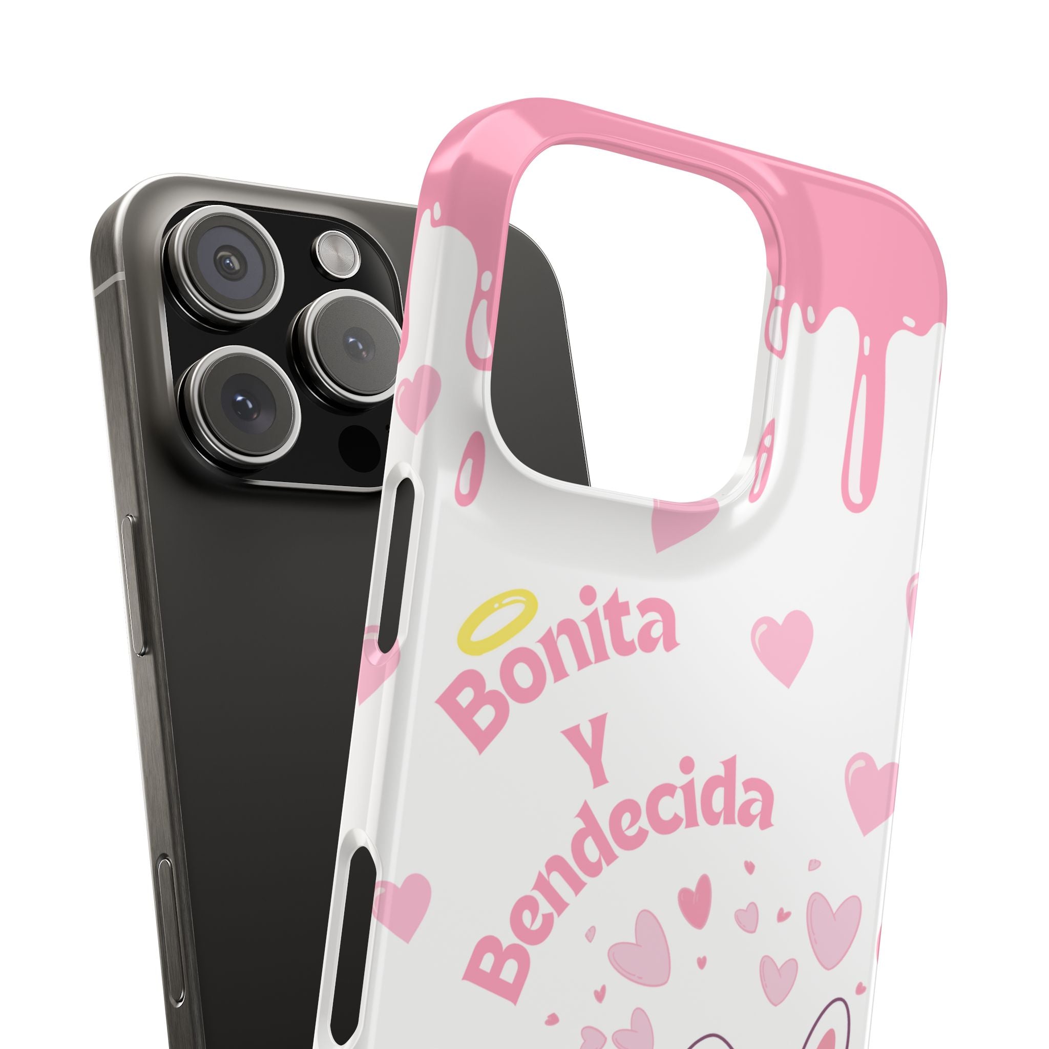 Bonita y Bendecida Phone Case - Slim Lightweight Pink Drip Cover with Bunny & Hearts for Stylish Latina Baddie Girls