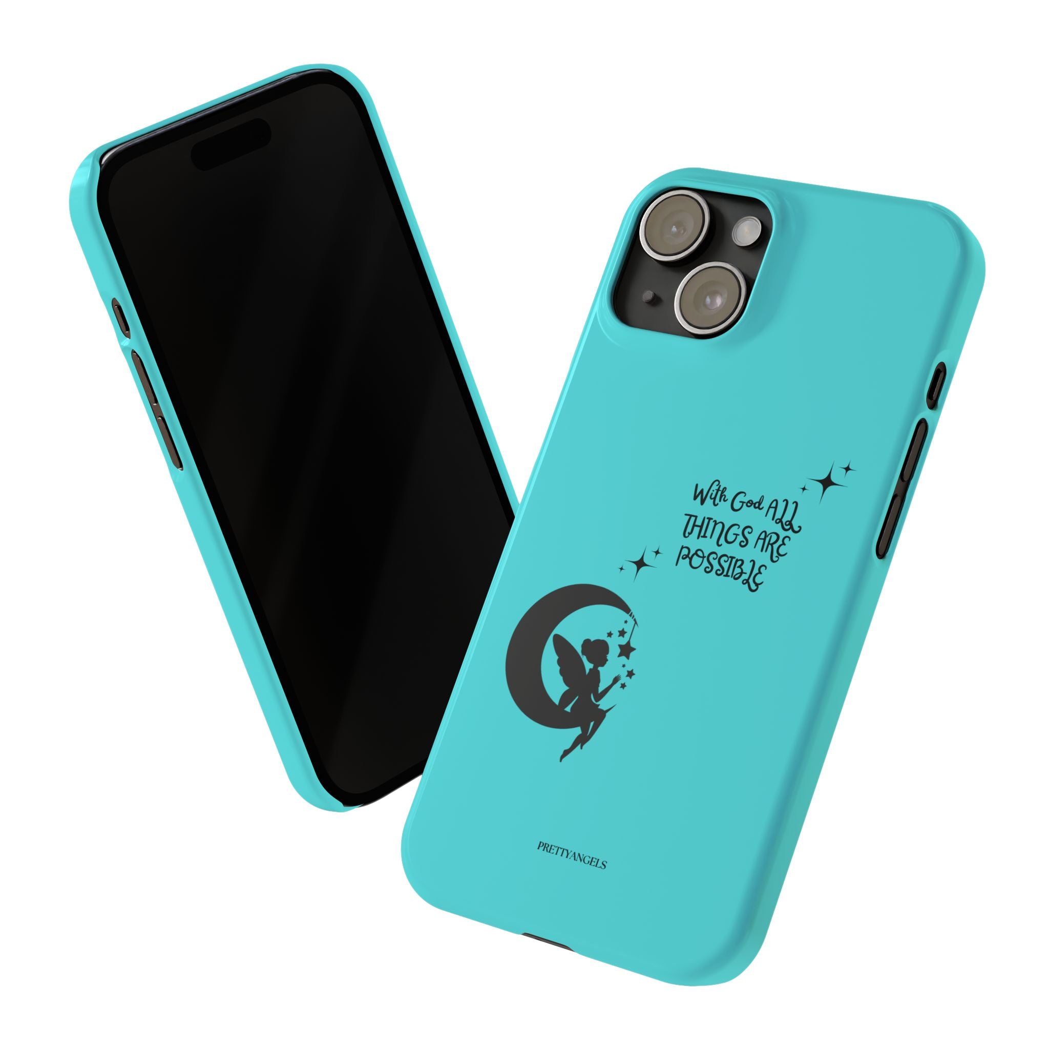“With God All Things Are Possible” Phone Case - Teal Slim Fairy Moon Cover with Bible Verse for Faith-Filled Girly Girls, Slim Phone Cases with Inspirational Quote, Dreamy Phone Cover, Fairy Phone Case, Magical Gift Idea, Girly Protection for Your Device