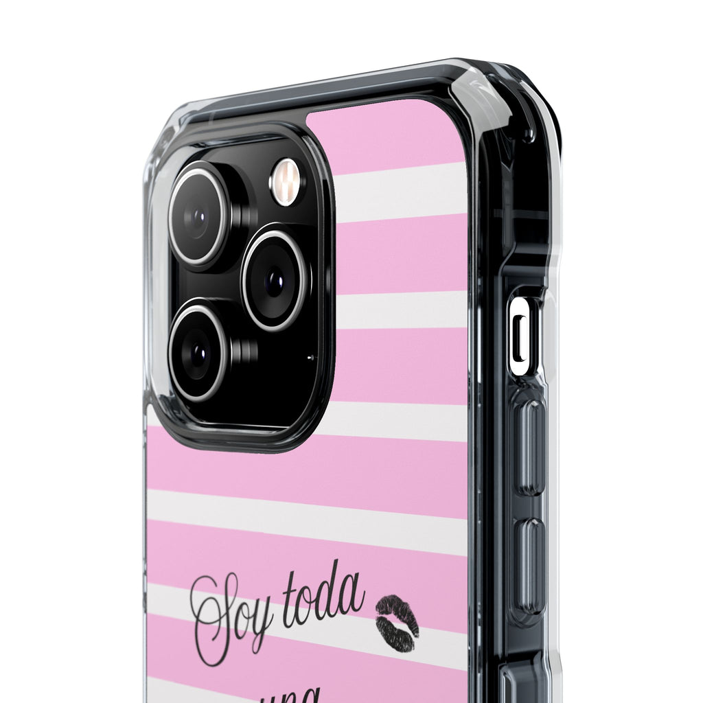 “Soy Toda Una Mamacita” MagSafe Clear Phone Case - Pink & White Striped | Latina Baddie Magnetic Impact Cover