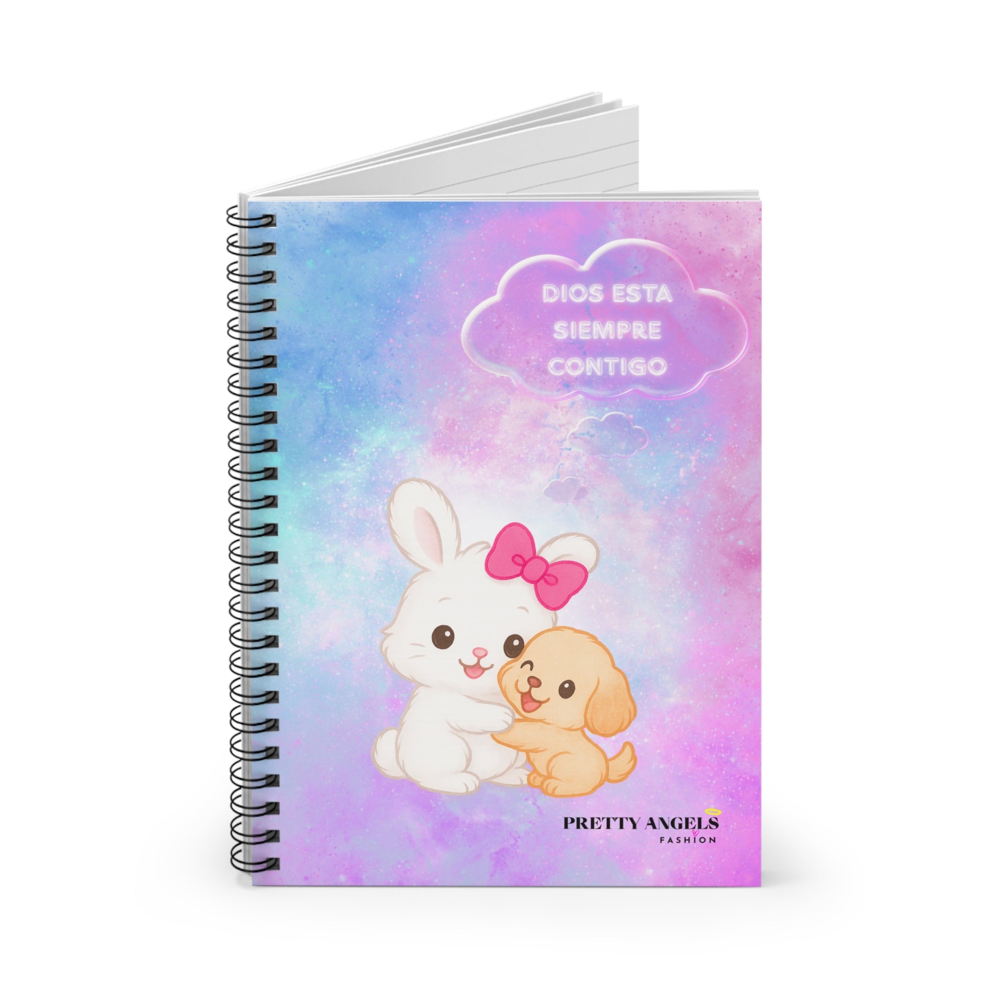 “Galaxy Bunny & Puppy Hug Spiral Notebook – Kawaii Pastel Journal with Pink Bow, Stars & ‘Dios Siempre Está Contigo’ Cloud”