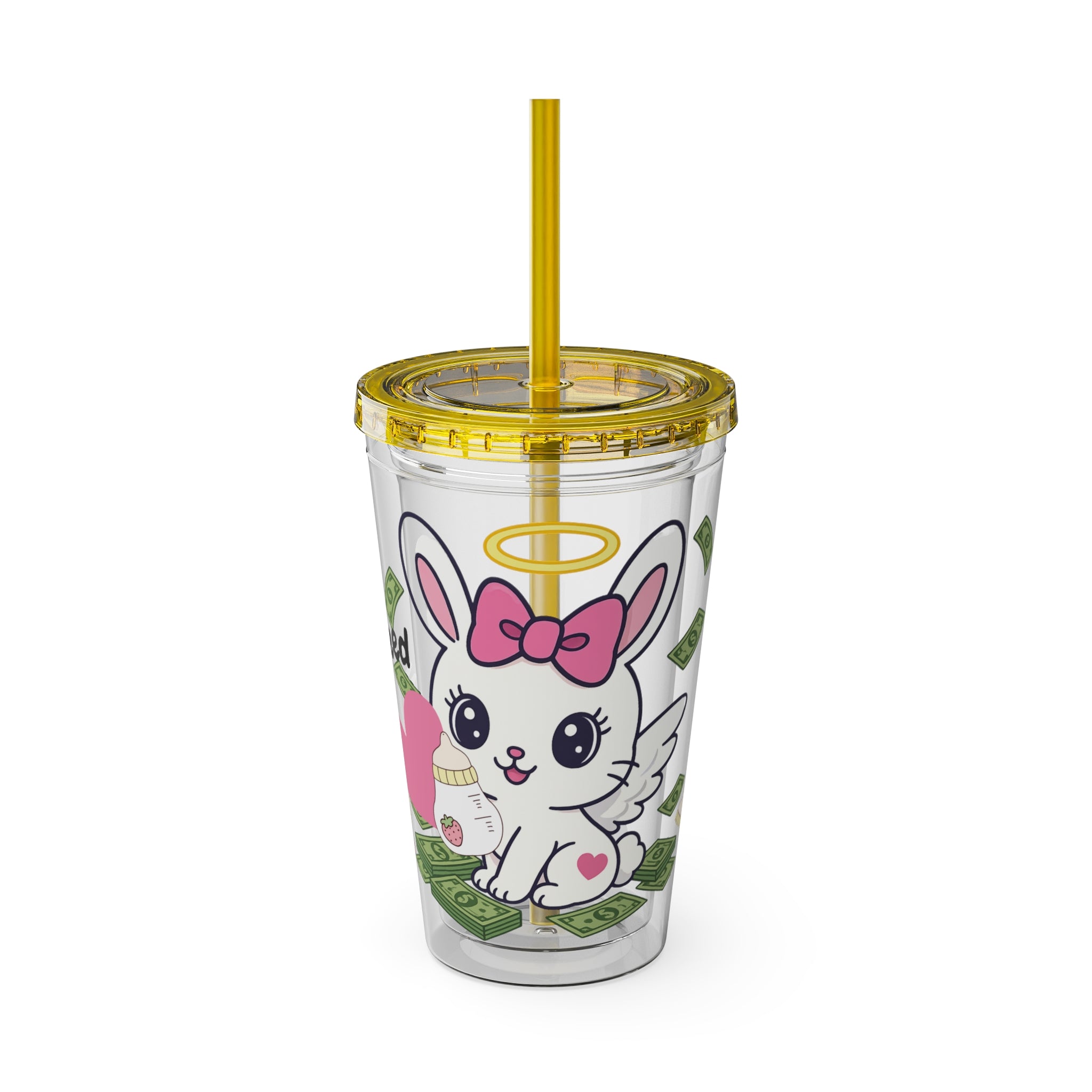 “All I Need” 16oz Acrylic Tumbler - Clear Cup with Pink Angel Bunny, Baby Bottles & Money | Cute Girly Cup for Soft Spoiled Baddies