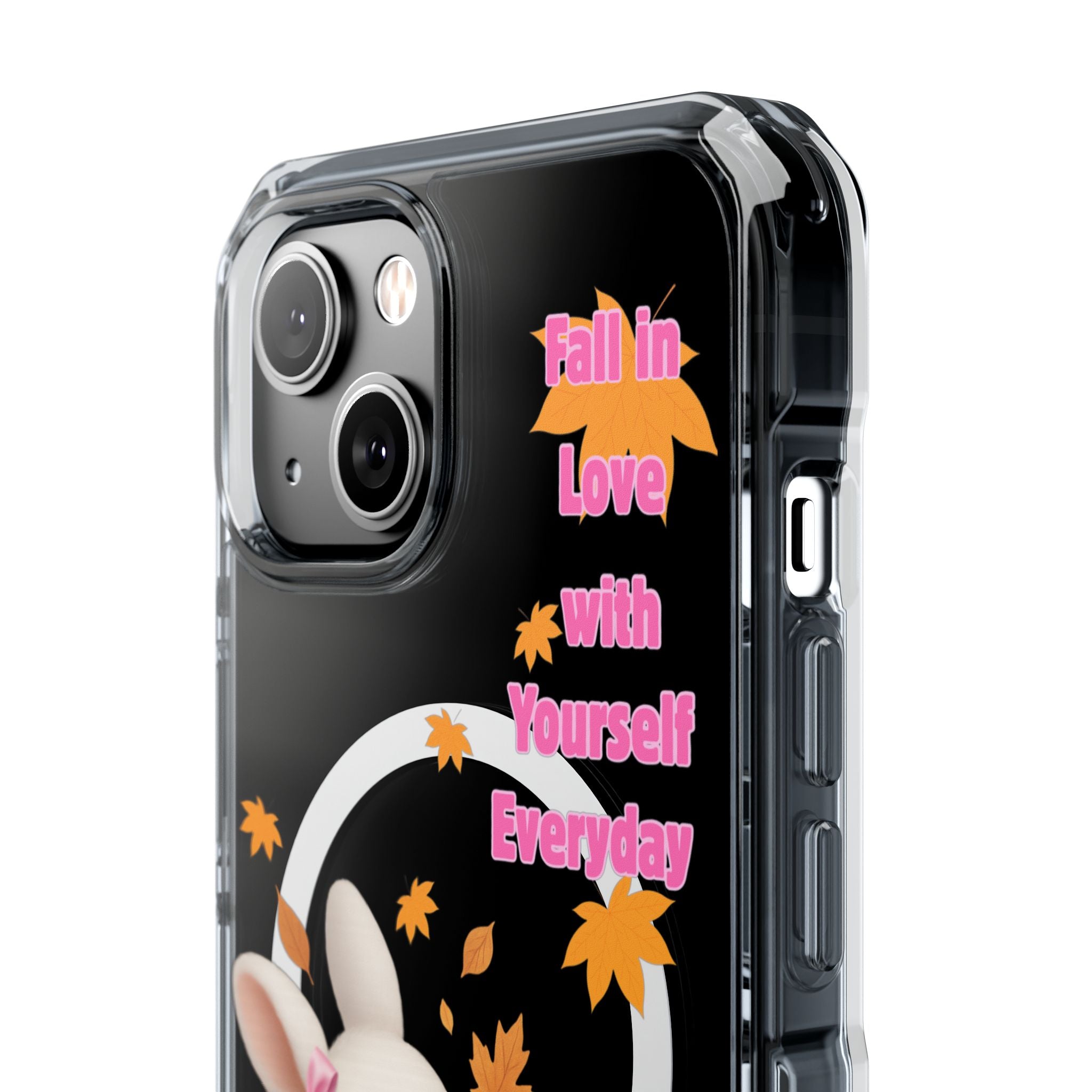 Fall in Love with Yourself Everyday – Cute White Bunny MagSafe iPhone Case with Hearts & Autumn Leaves, Luxury Aesthetic Clear Phone Cover