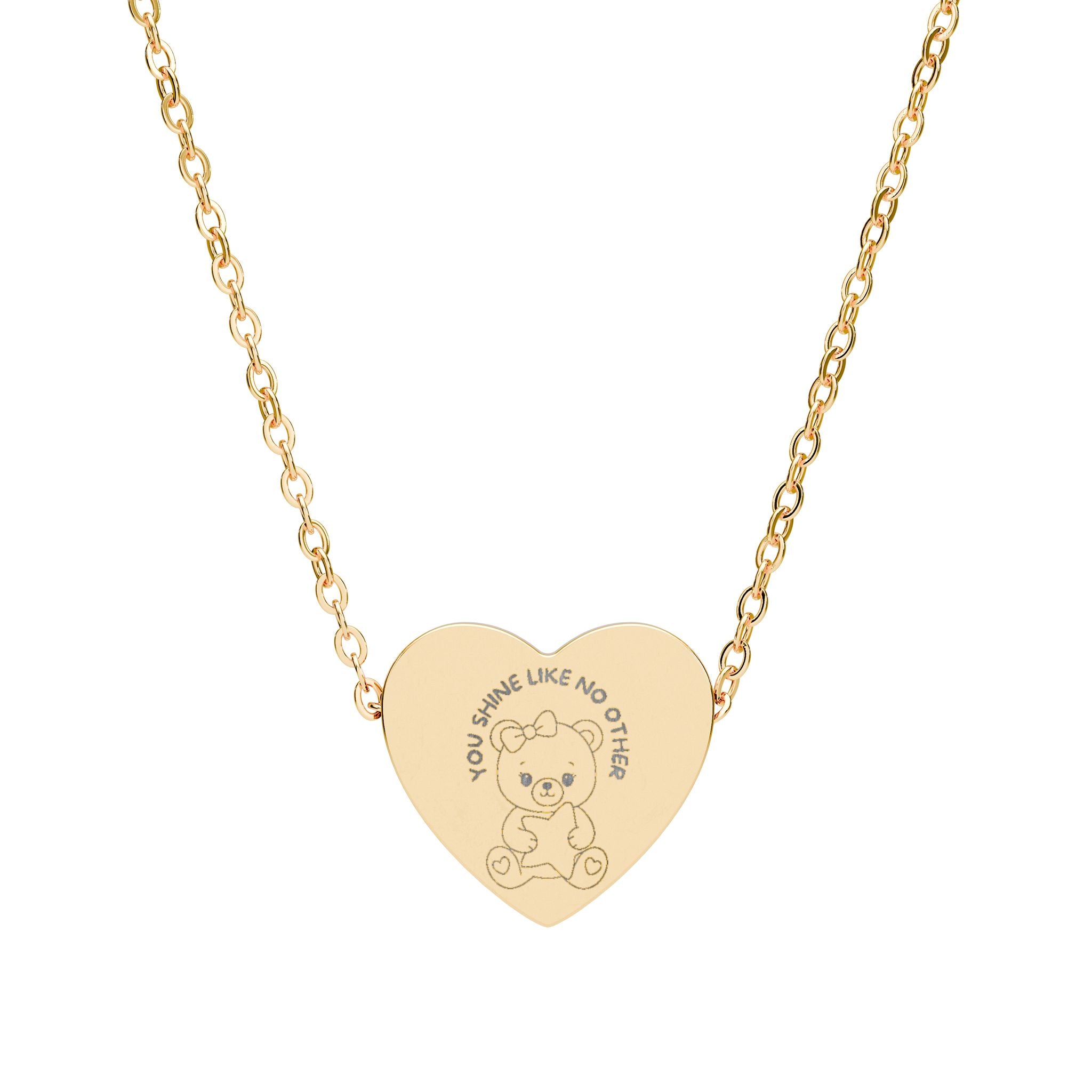 “You Shine Like No Other™ Engraved Heart Necklace – Cute Teddy Bear Hugging Star Pendant, Laser-Etched 316L Stainless Steel Girly Jewelry”
