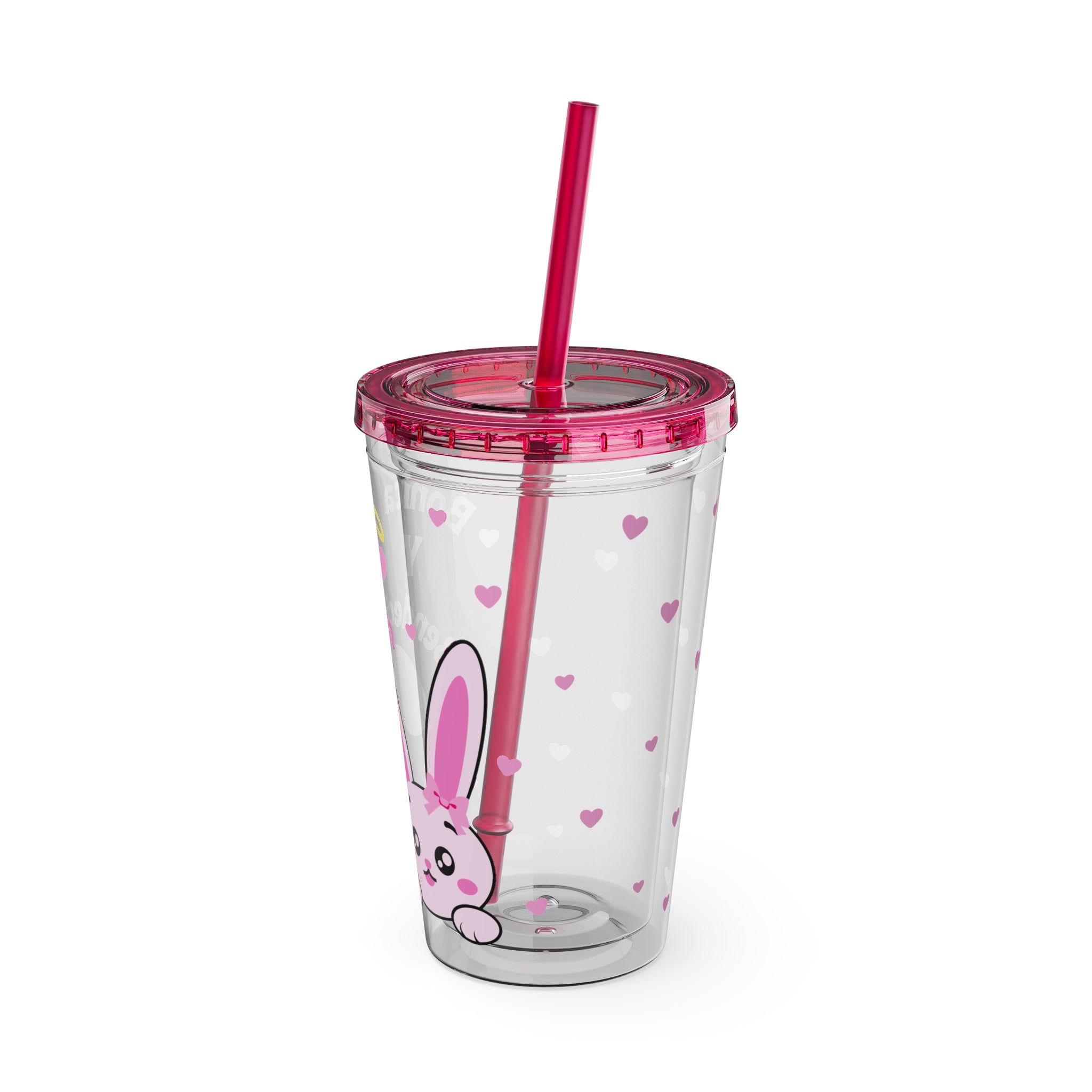 Bonita y Bendecida Tumbler - 16oz Clear Acrylic Cup with Pink Bunny Bow & Heart Patterns | Girly Faith Cup for Confident Latina Baddies