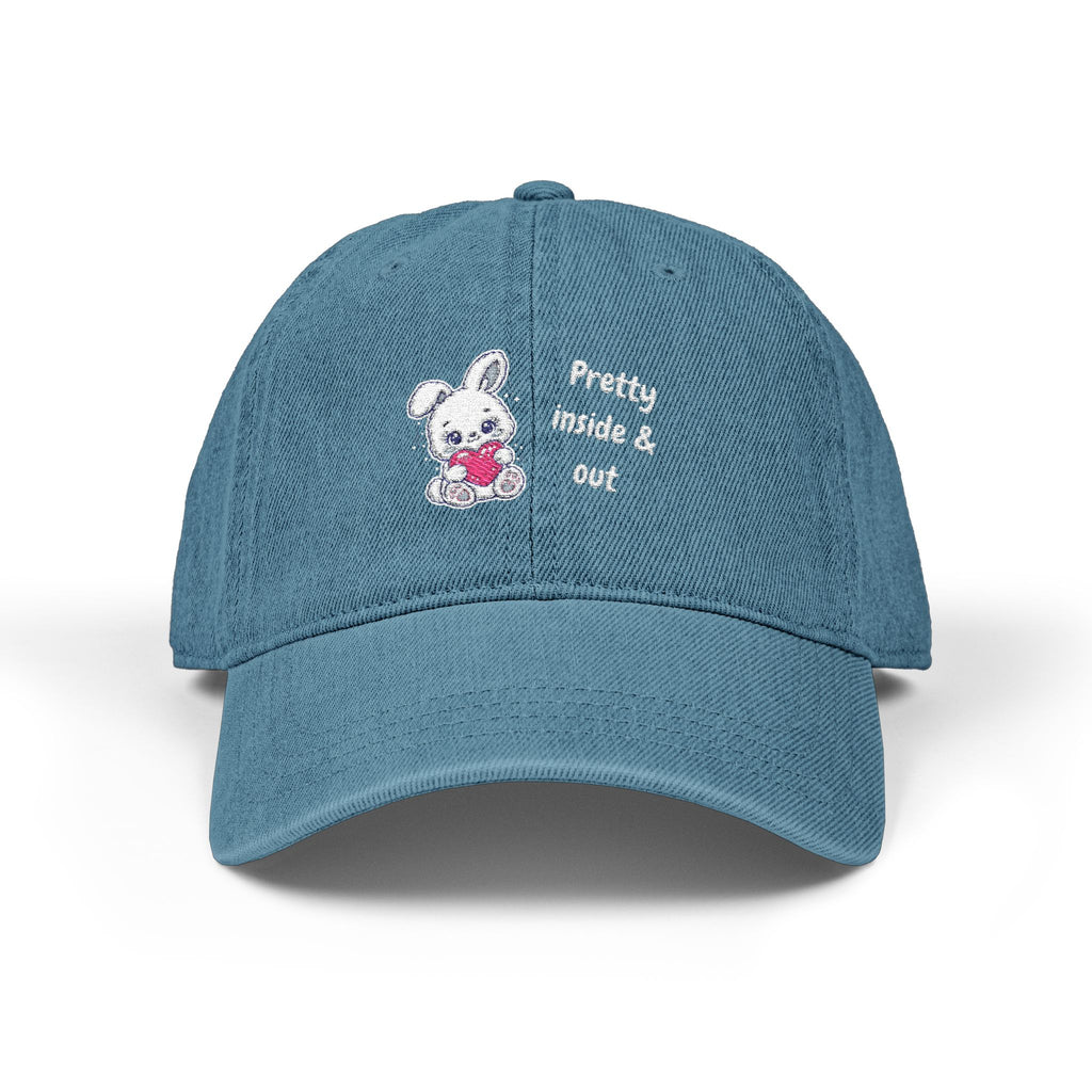 Denim Hat — Embroidered 'Pretty Inside & Out' Baby Bunny Heart