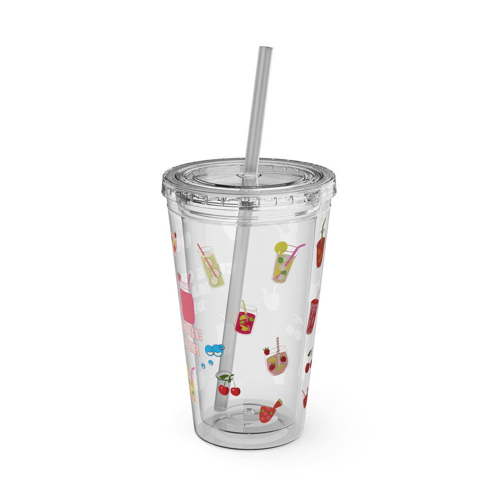 Clear “Cute Cups Make Me Drink More Water” Tumbler - 16oz Acrylic Cup with Lid & Straw | Aesthetic Lemonade, Cherry & Water Drink Patterns for Pretty Girls | Soft Girl Tumbler