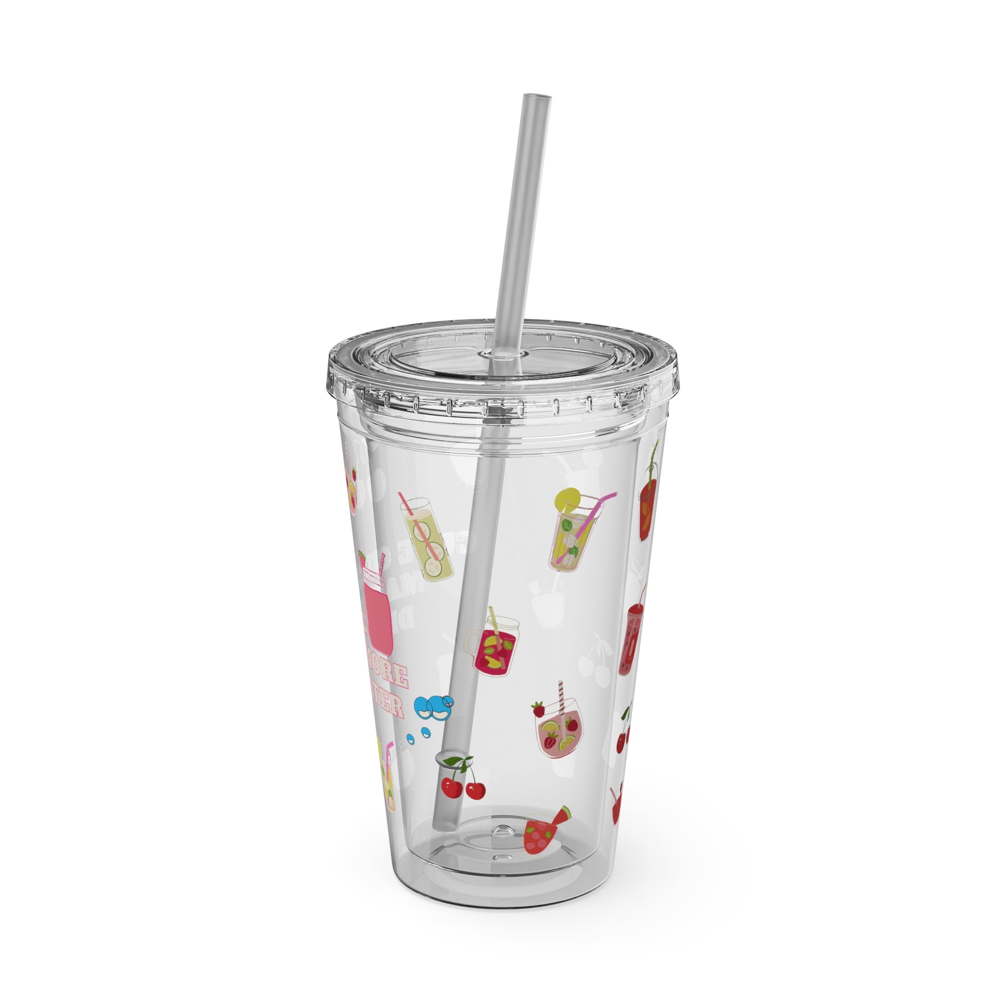 Clear “Cute Cups Make Me Drink More Water” Tumbler - 16oz Acrylic Cup with Lid & Straw | Aesthetic Lemonade, Cherry & Water Drink Patterns for Pretty Girls | Soft Girl Tumbler