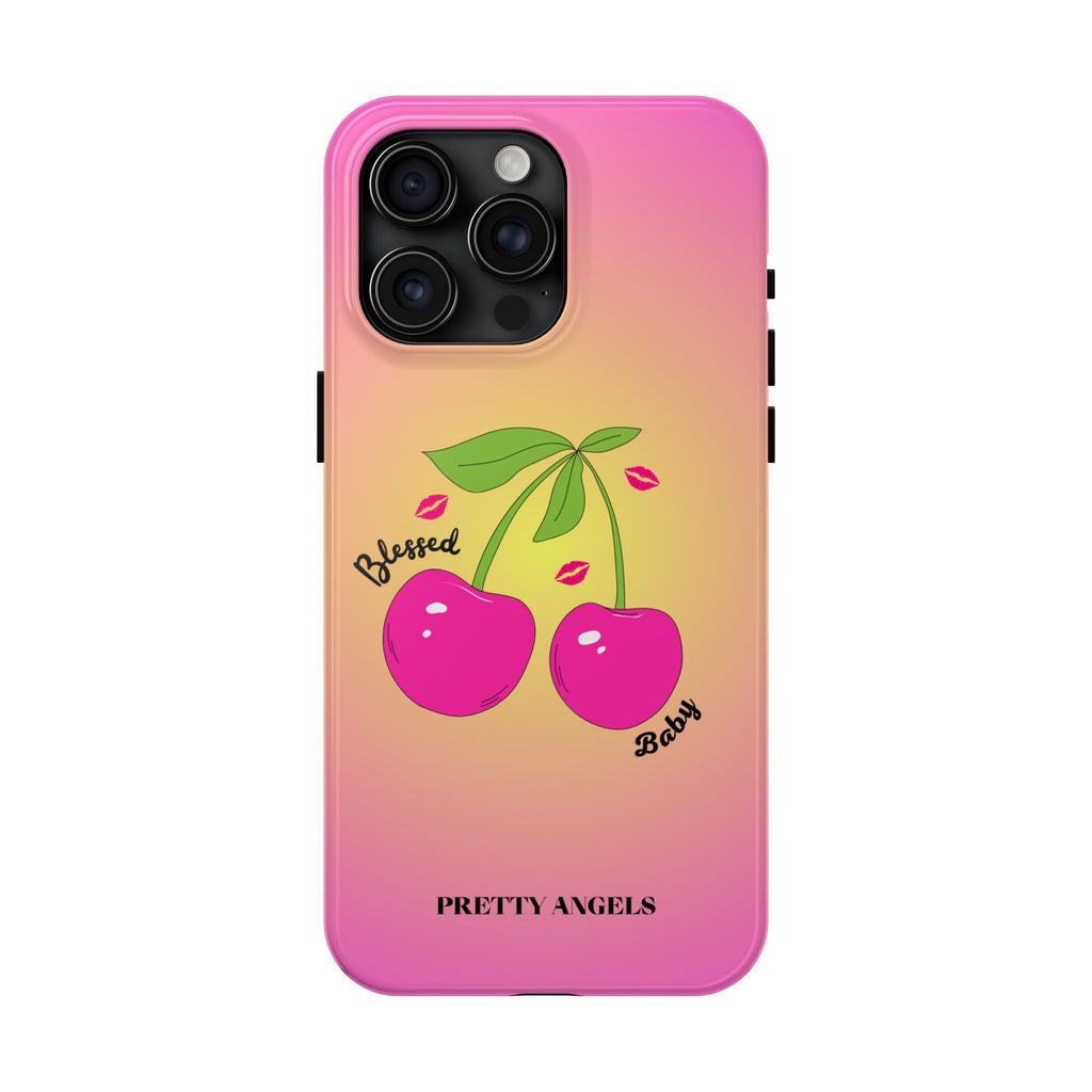 Blessed Baby Sunset Cherry Phone Case — Cute Hot Pink Cherry & Kisses