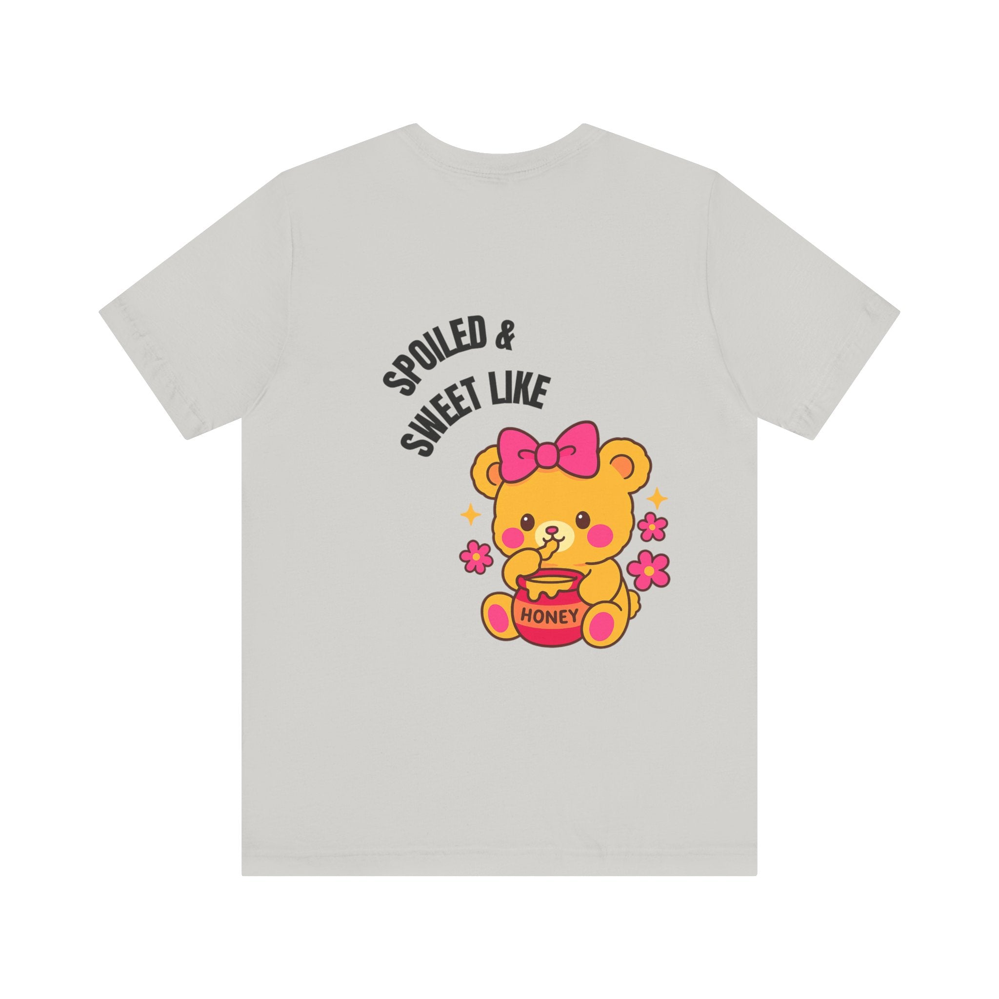 Spoiled & Sweet Tee (Back) - White & Grey Baddie Oversized Shirt with Teddy Bear & Honey Graphic | Cozy Off-Duty Doll T-Shirt for Pretty Girls Who Slay in Comfort