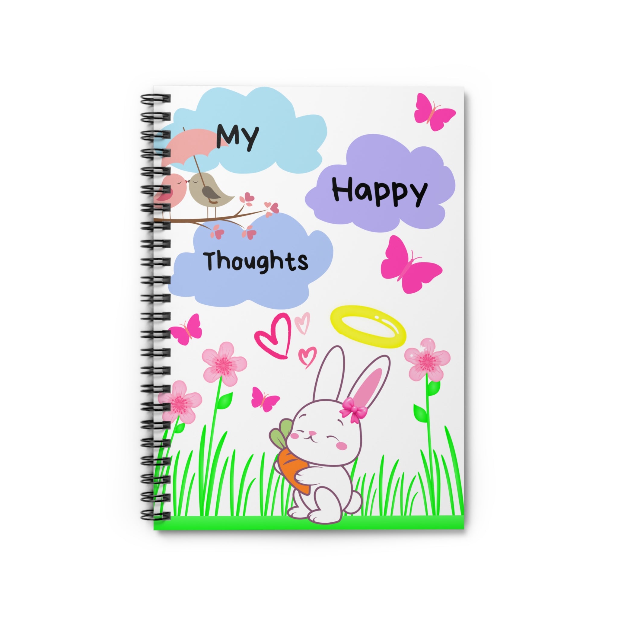 “Cute Bunny Notebook – ‘My Happy Thoughts’ Clouds Journal with Pink Butterflies, Pastel Aesthetic Spiral Notebook for Girls (6x8, 118 Pages)”
