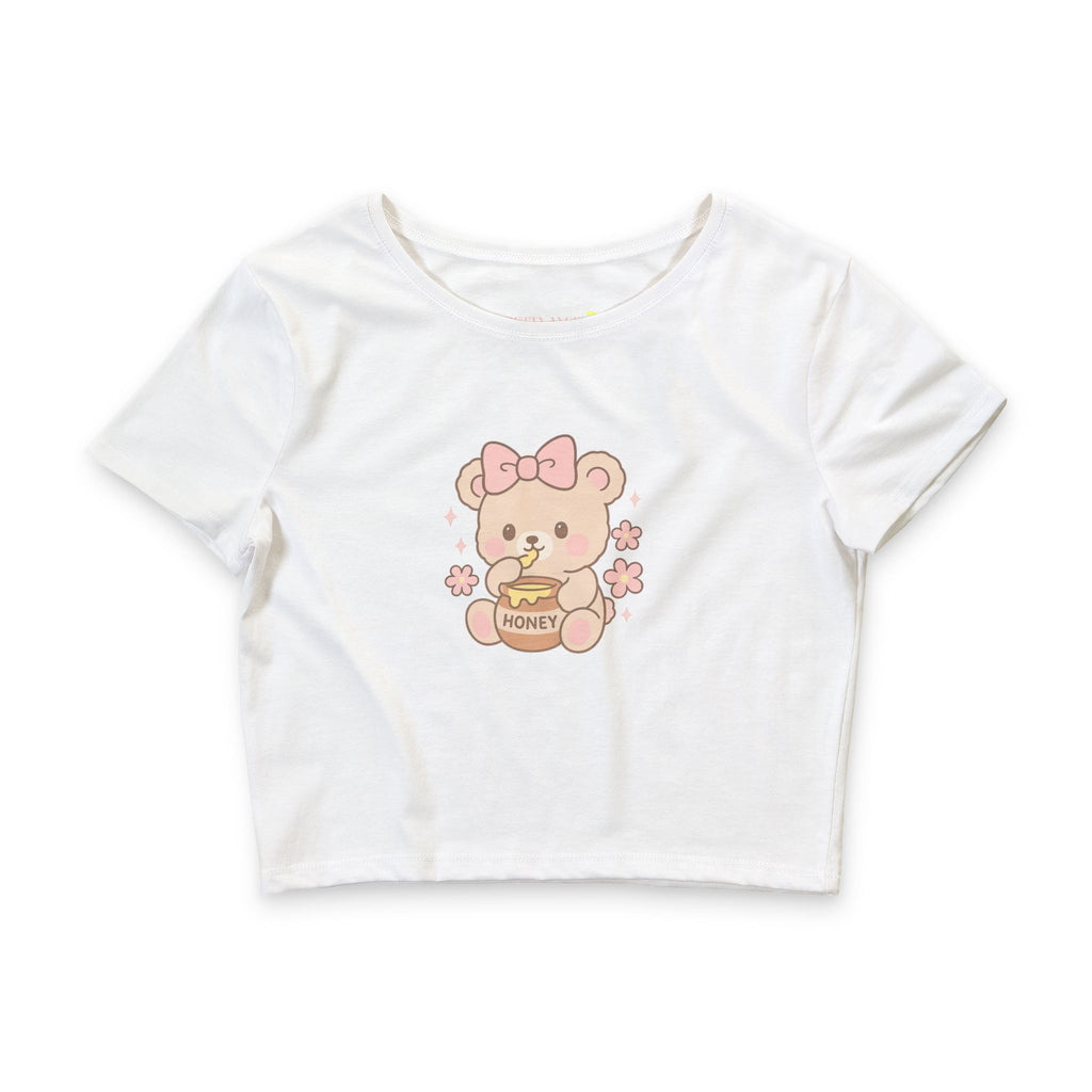 Cute Honey Bear Crop Tee — Kawaii Pastel Graphic Top for Girls