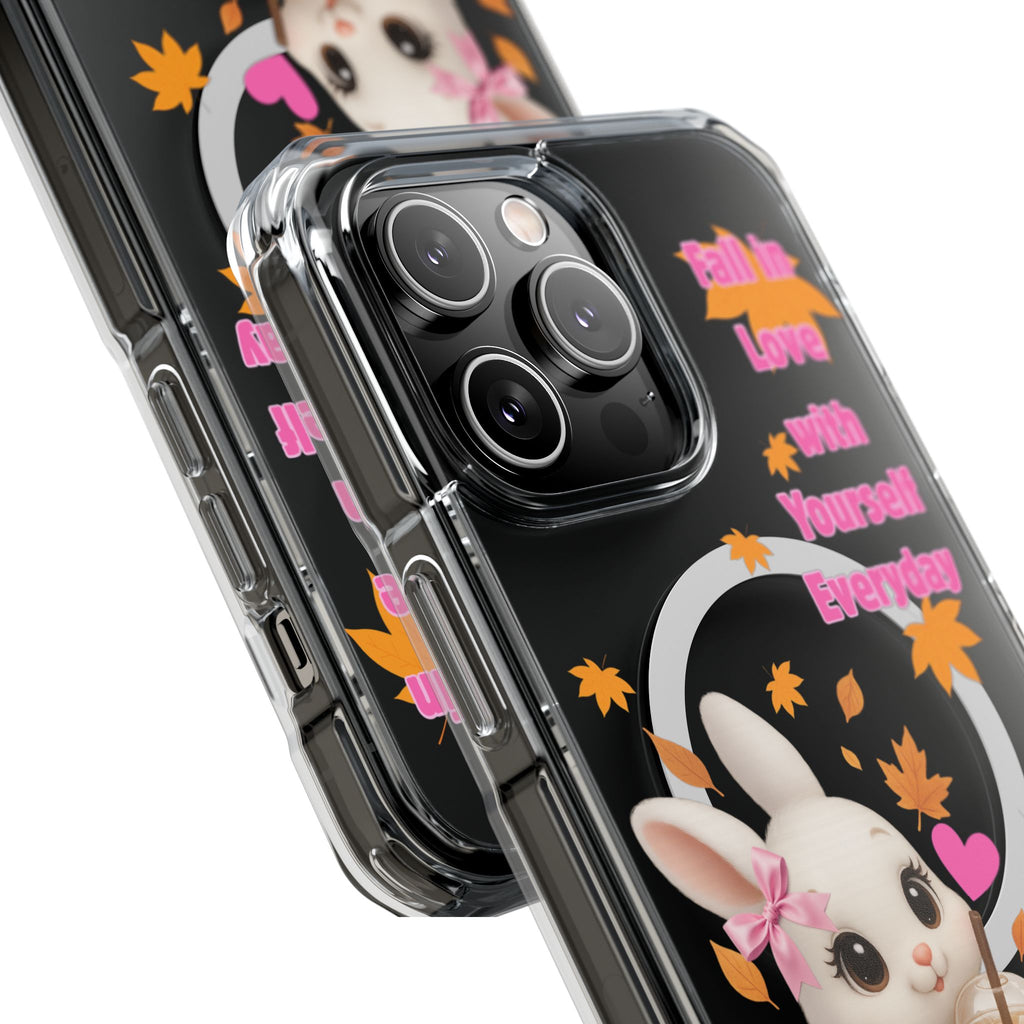 Fall in Love with Yourself Everyday – Cute White Bunny MagSafe iPhone Case with Hearts & Autumn Leaves, Luxury Aesthetic Clear Phone Cover
