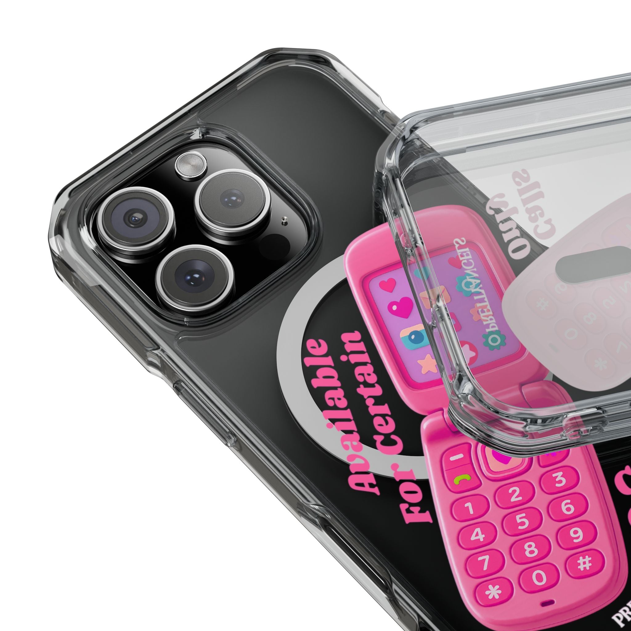 Pink Flip Phone MagSafe Clear Luxe iPhone Case – Barbie Baddie Vibes “Available for Certain Calls Only” Retro Girly Case