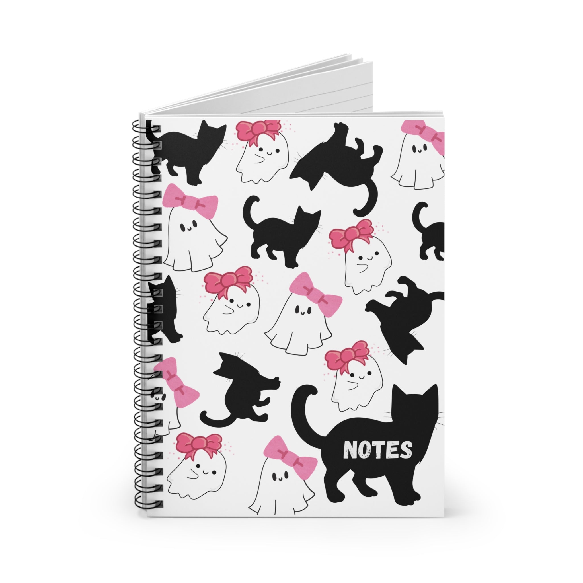 “Spooky Cute Halloween Spiral Notebook – Ghosts with Pink Bows & Black Cat | Girly Aesthetic Stationery”