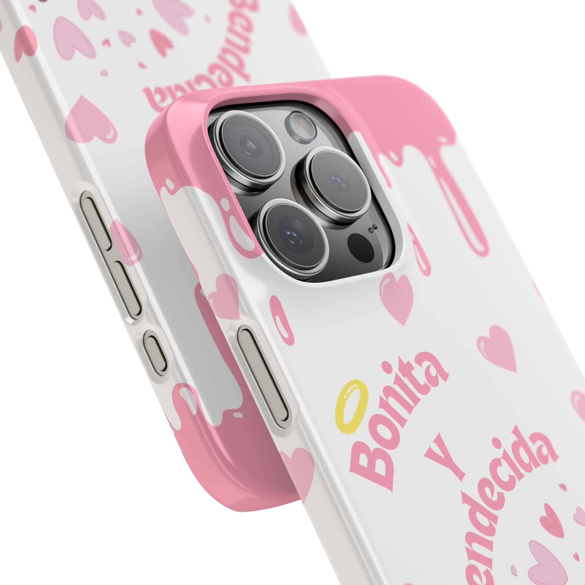 Bonita y Bendecida Phone Case - Slim Lightweight Pink Drip Cover with Bunny & Hearts for Stylish Latina Baddie Girls