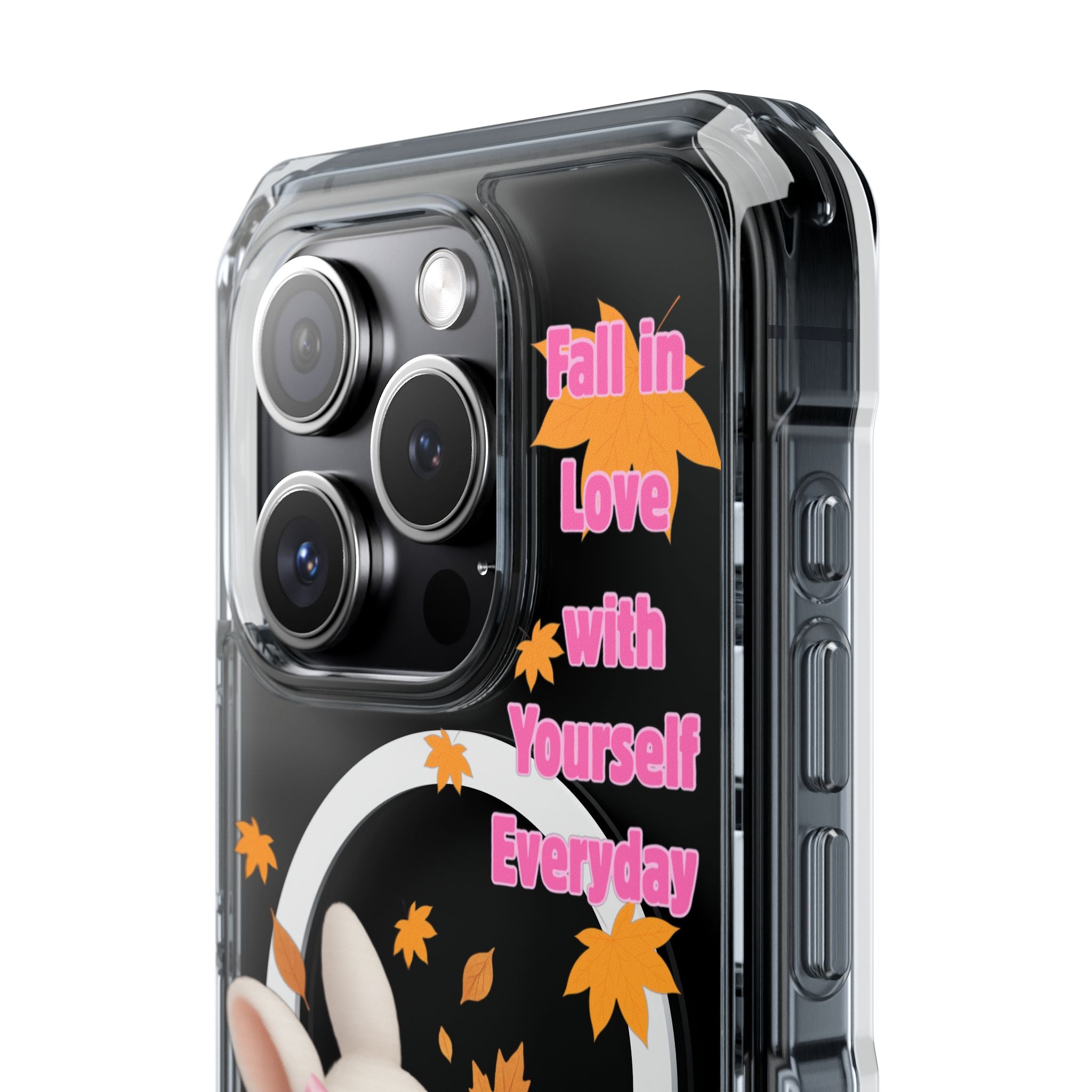 Fall in Love with Yourself Everyday – Cute White Bunny MagSafe iPhone Case with Hearts & Autumn Leaves, Luxury Aesthetic Clear Phone Cover