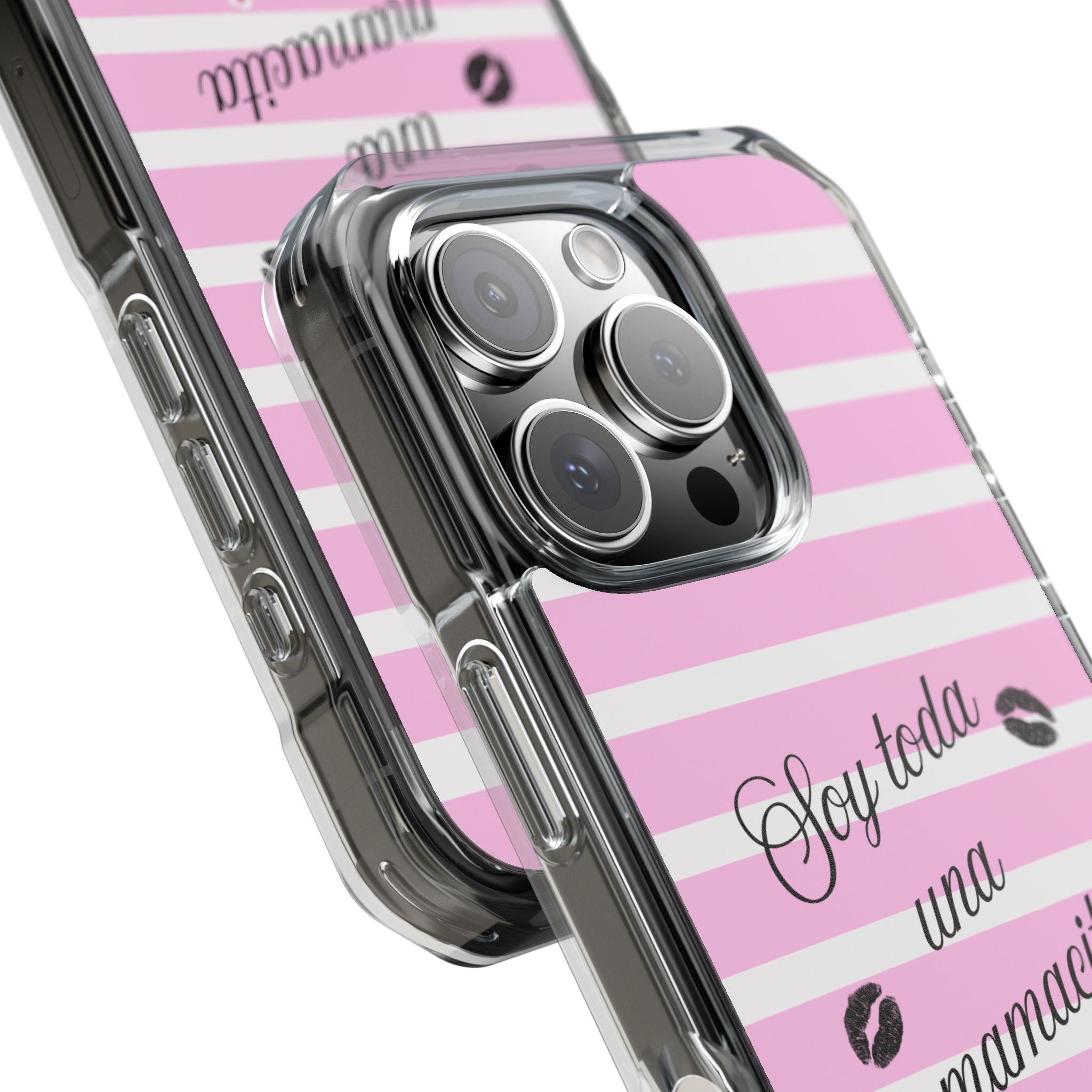 “Soy Toda Una Mamacita” MagSafe Clear Phone Case - Pink & White Striped | Latina Baddie Magnetic Impact Cover