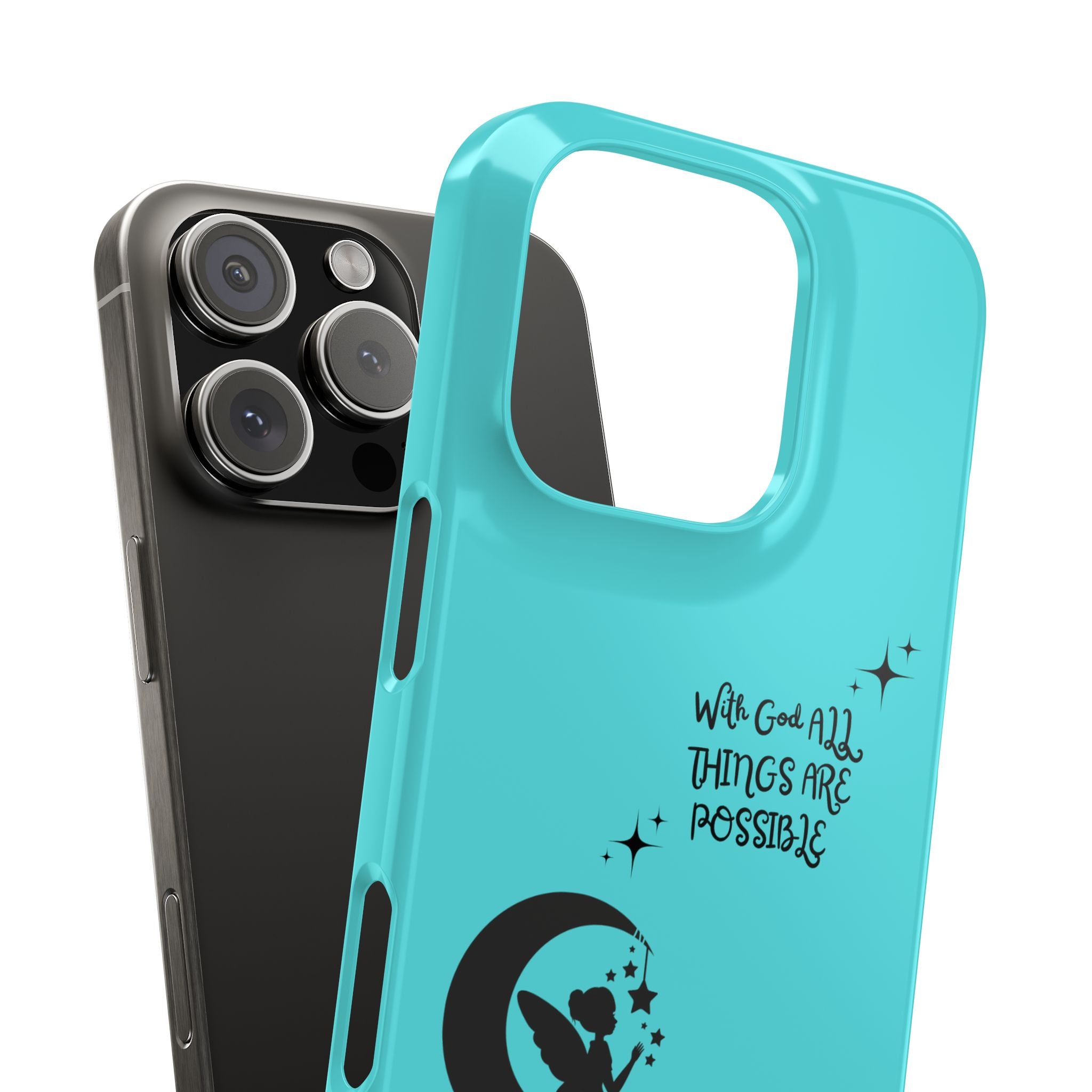 “With God All Things Are Possible” Phone Case - Teal Slim Fairy Moon Cover with Bible Verse for Faith-Filled Girly Girls, Slim Phone Cases with Inspirational Quote, Dreamy Phone Cover, Fairy Phone Case, Magical Gift Idea, Girly Protection for Your Device