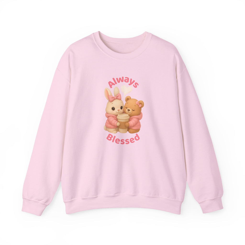 “Always Blessed” Cozy Sweatshirt – Cute Bunny & Teddy Bear in Pink Puffer Jackets Hugging a Coffee Cup | Aesthetic Girly Hoodie | Pretty Girl Cozy Gift | Winter Sweatshirt | Blessed Sweater