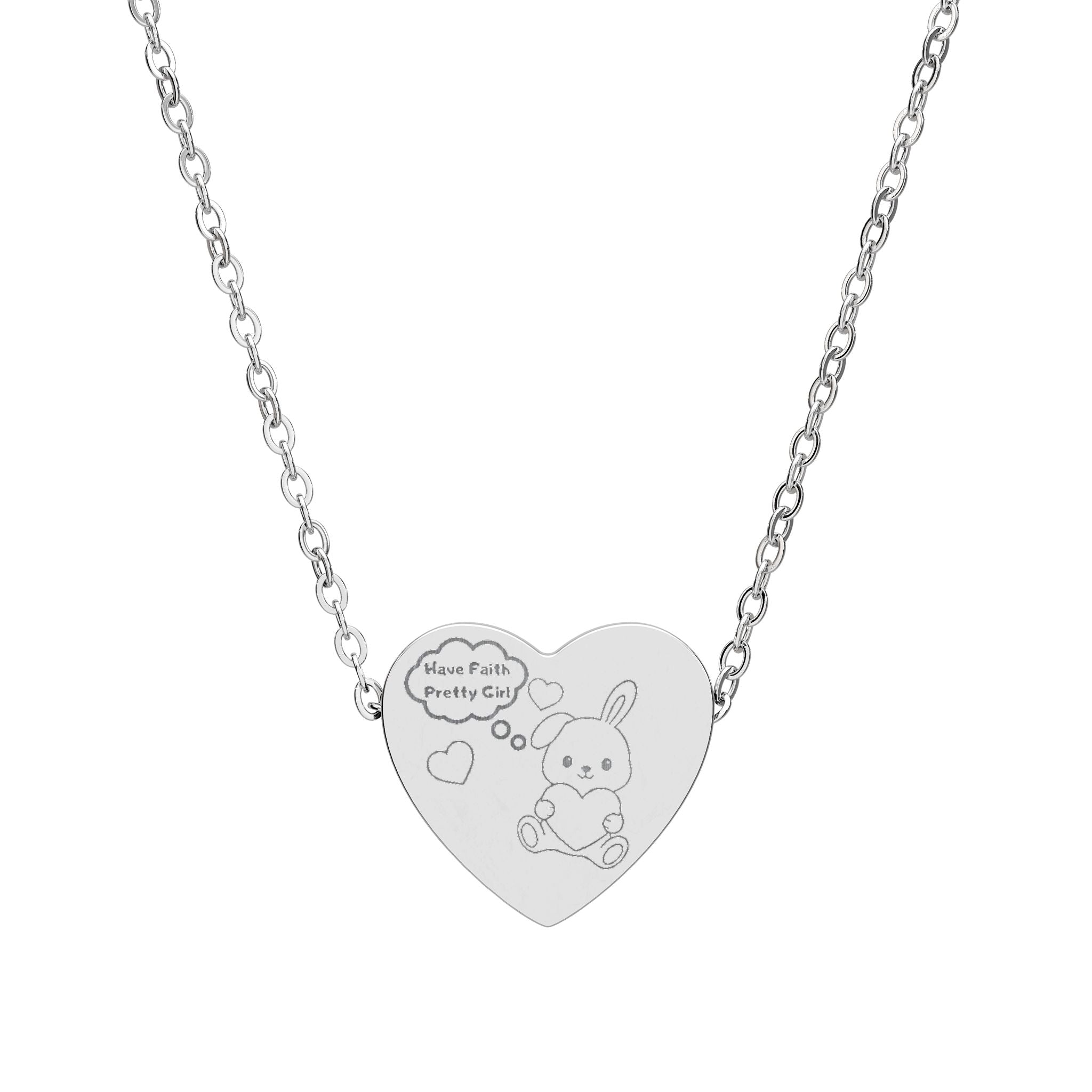 “Have Faith Pretty Girl™ Engraved Heart Necklace – Cute Bunny Hugging Heart Pendant, Laser-Etched 316L Stainless Steel Girly Faith Jewelry”