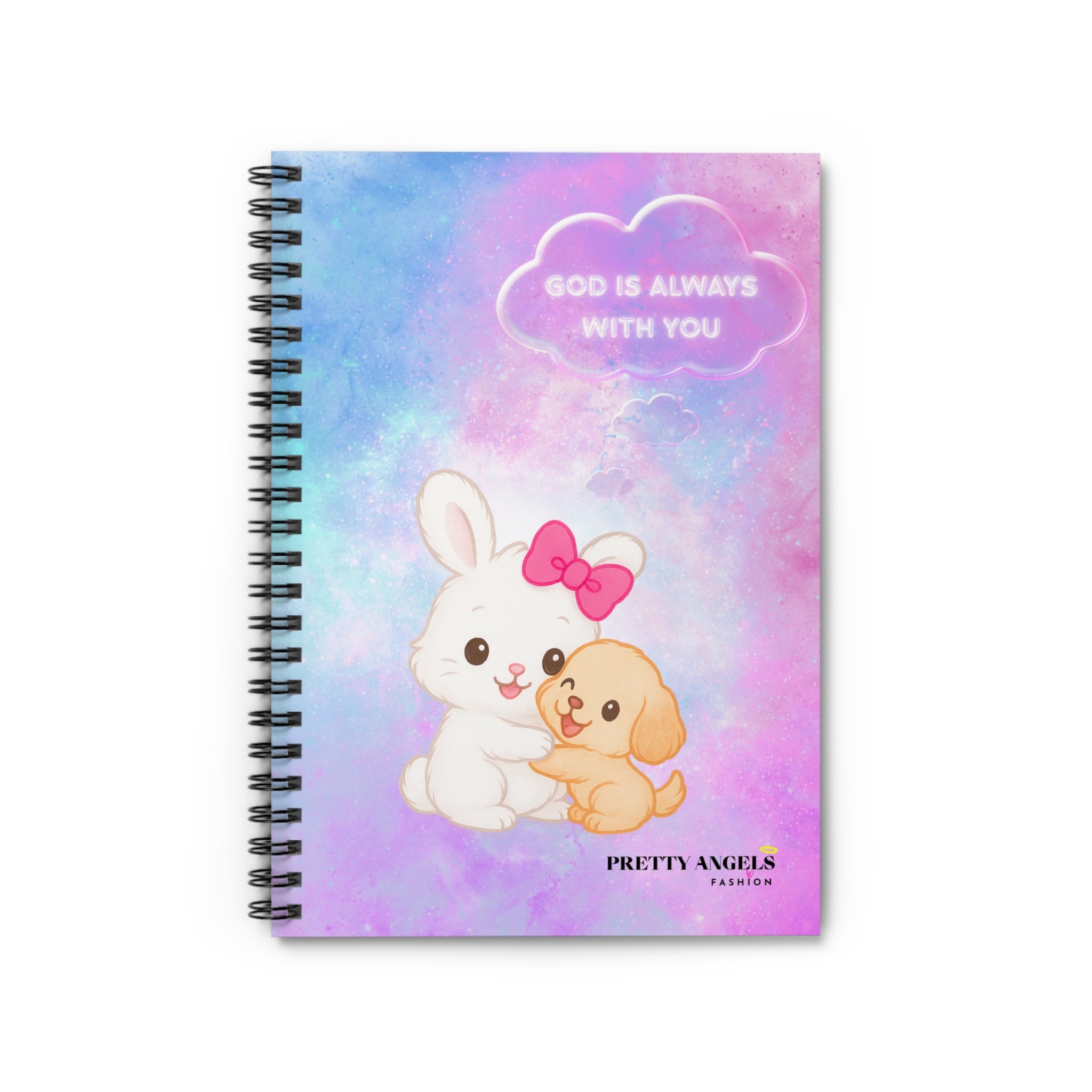 “Galaxy Bunny & Puppy Hug Spiral Notebook – Kawaii Pastel Journal with Stars & ‘God Is Always With You’ Cloud”